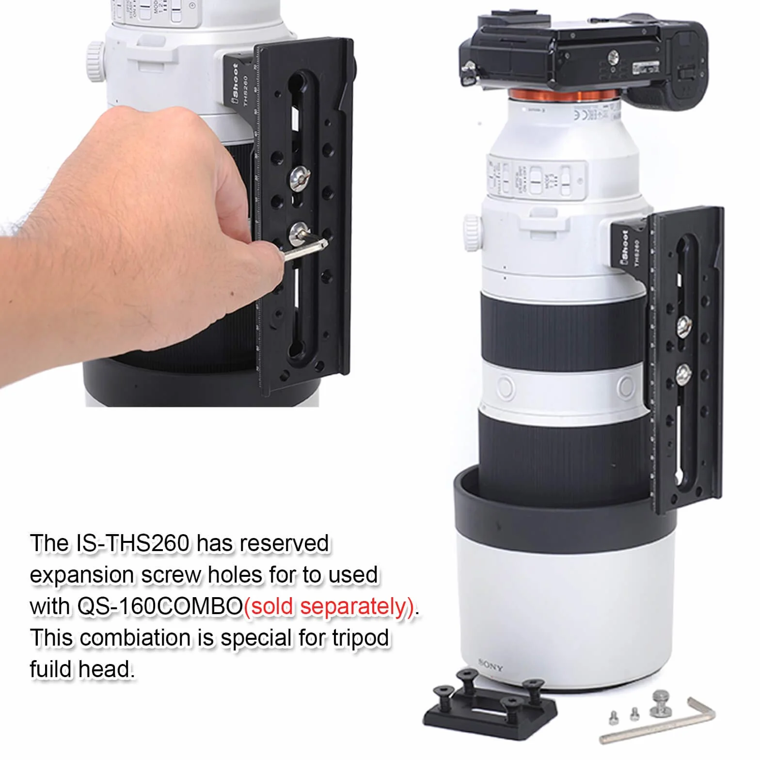 Sony FE 200-600 mm f/5,6-6,3 G OSS Wymienna stopka obiektywu, całkowicie metalowy kołnierz obiektywu aparatu, stojak na pierścień mocujący statyw, wymienna podstawa, wbudowana płytka szybkiego