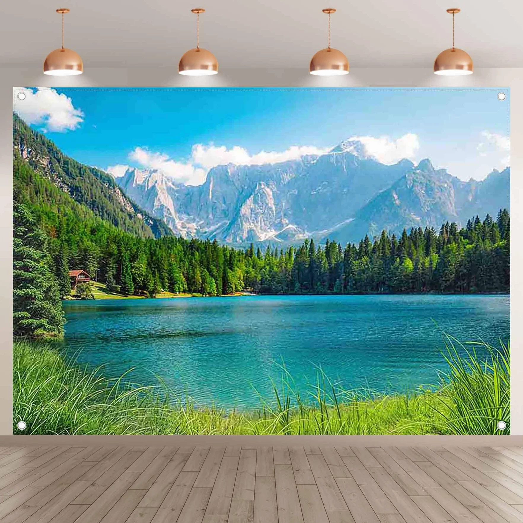 Luminora 2,1 x 1,5 m tło jezioro alpejskie natura tło fotograficzne krajobraz górski spokojny kemping urodzinowy poliester gobelin, baner dekoracje imprezowe, akcesoria studyjne