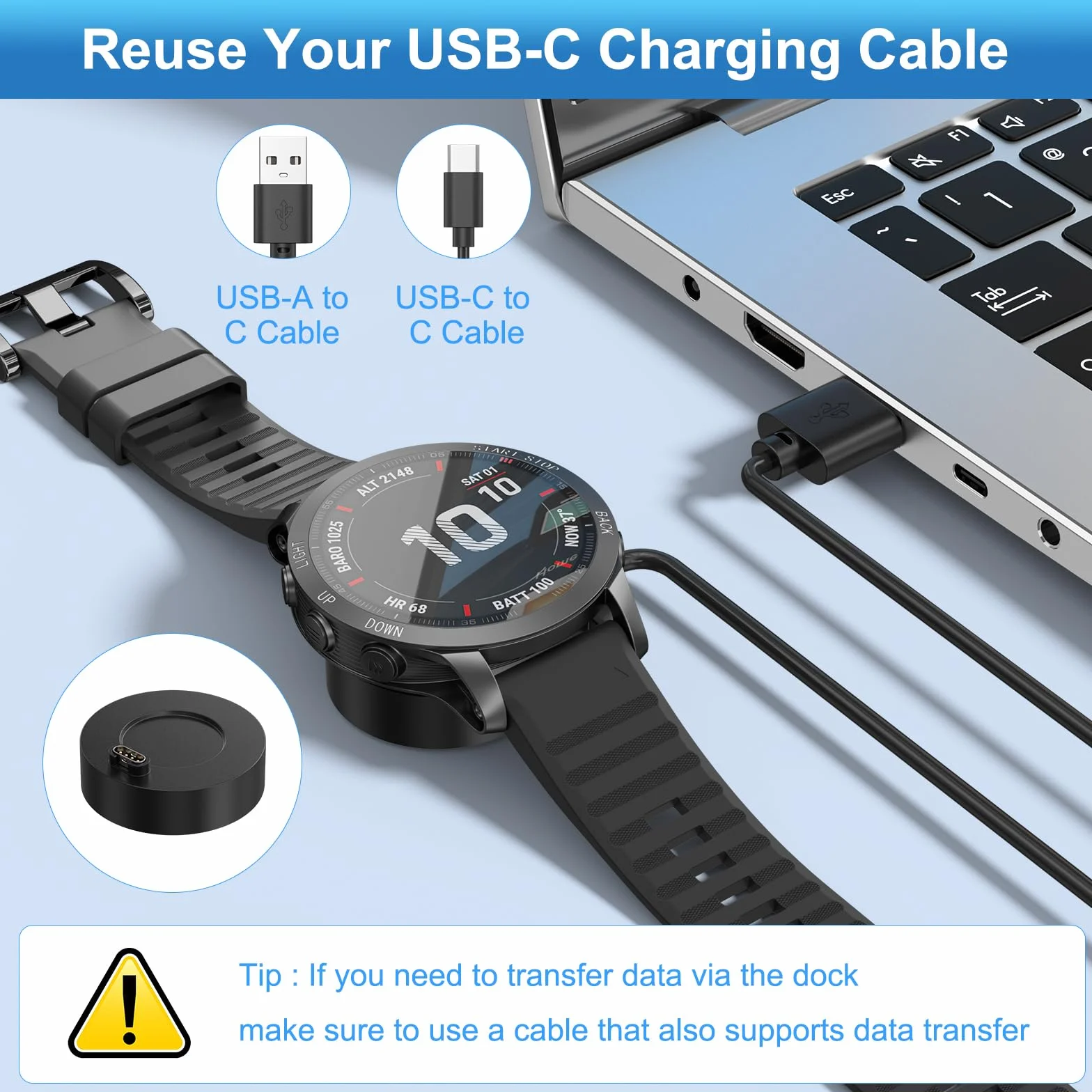 Adapter do zegarka Garmin, kabel USBC i stacja ładująca do Garmin Fenix, Forerunner, Venu, Approach, Vivoactive (czarny)