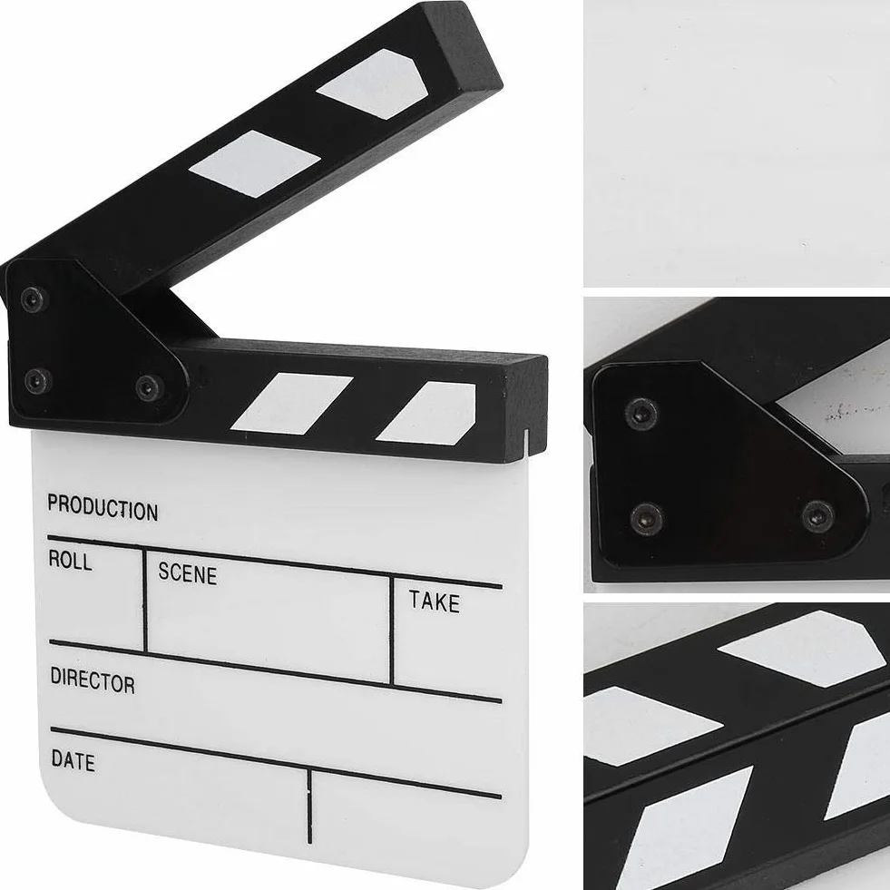 Qiilu Tablica do klaśnięć, mini akrylowa scena reżyserska Clapperboard TV film płyta akcji, rekwizyt do wycinania filmów z długopisem (PAV1BWE3S)