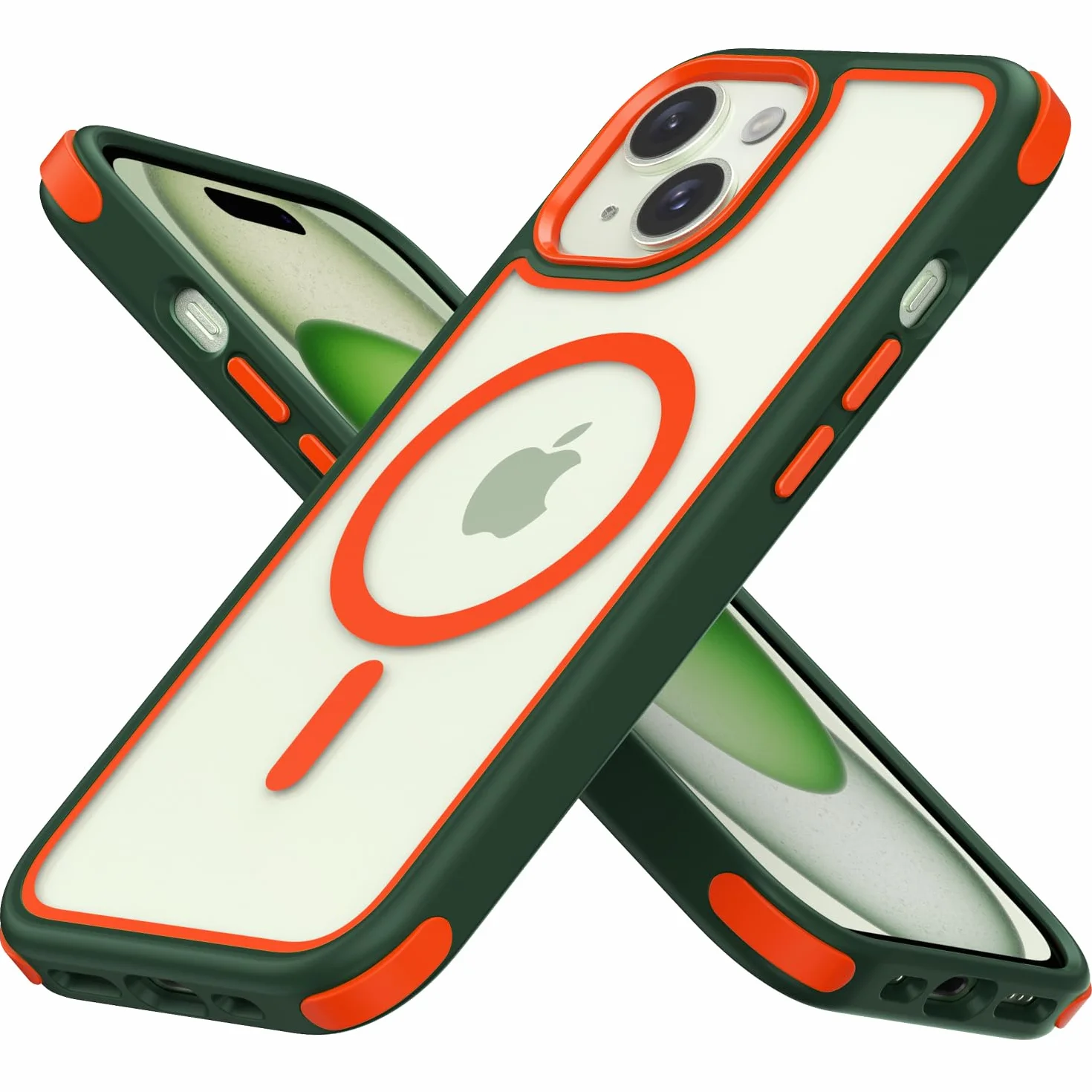 MobNano Magnetyczne etui do iPhone'a 15 [obsługuje bezprzewodowe ładowanie MagSafe], odporne na wstrząsy etui na telefon - Zielony/pomarańczowy