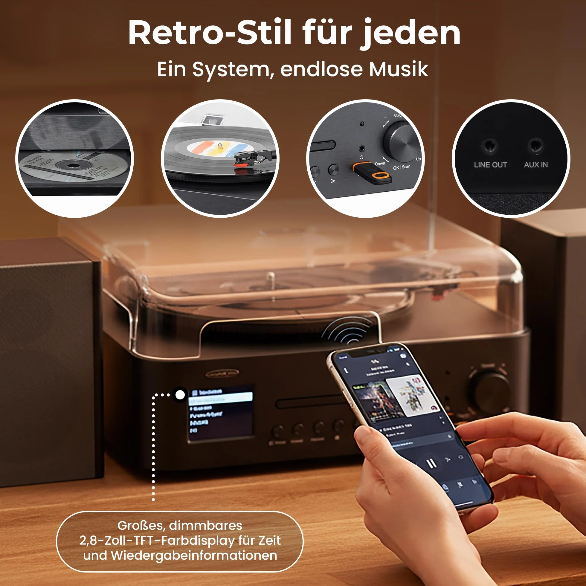 Reflexion Gramofon z głośnikiem i wi-fi; retro system HiFi z DAB+, radio internetowe, Bluetooth, CD, nagrywanie MP3 USB, kolorowy wyświetlacz, budzik i timer snu – kompletny system z pilotem zdalnego
