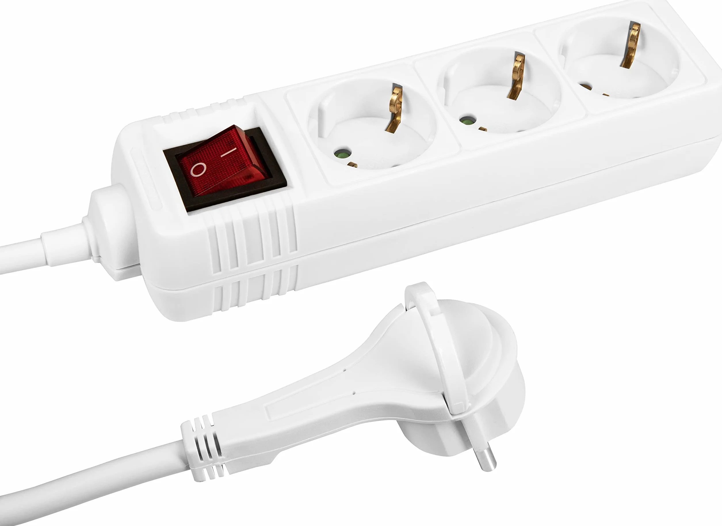 Meister 7430190 Listwa zasilająca z 3 gniazdami, ekstra płaska wtyczka, kabel 2 m, biała, IP20 do wnętrz, podświetlany przełącznik, listwa zasilająca z płaską wtyczką