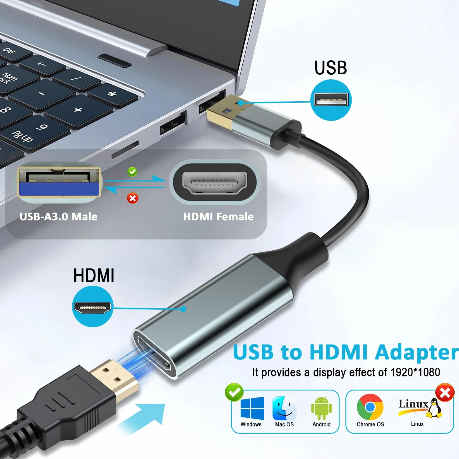 Adapter USB na HD do monitora, konwerter HD, 1080p, złącze kablowe, wyjście do komputera, laptopa, komputera stacjonarnego z wieloma systemami Windows 11/10/8.1/8/7, Mac (szary USB na HD)
