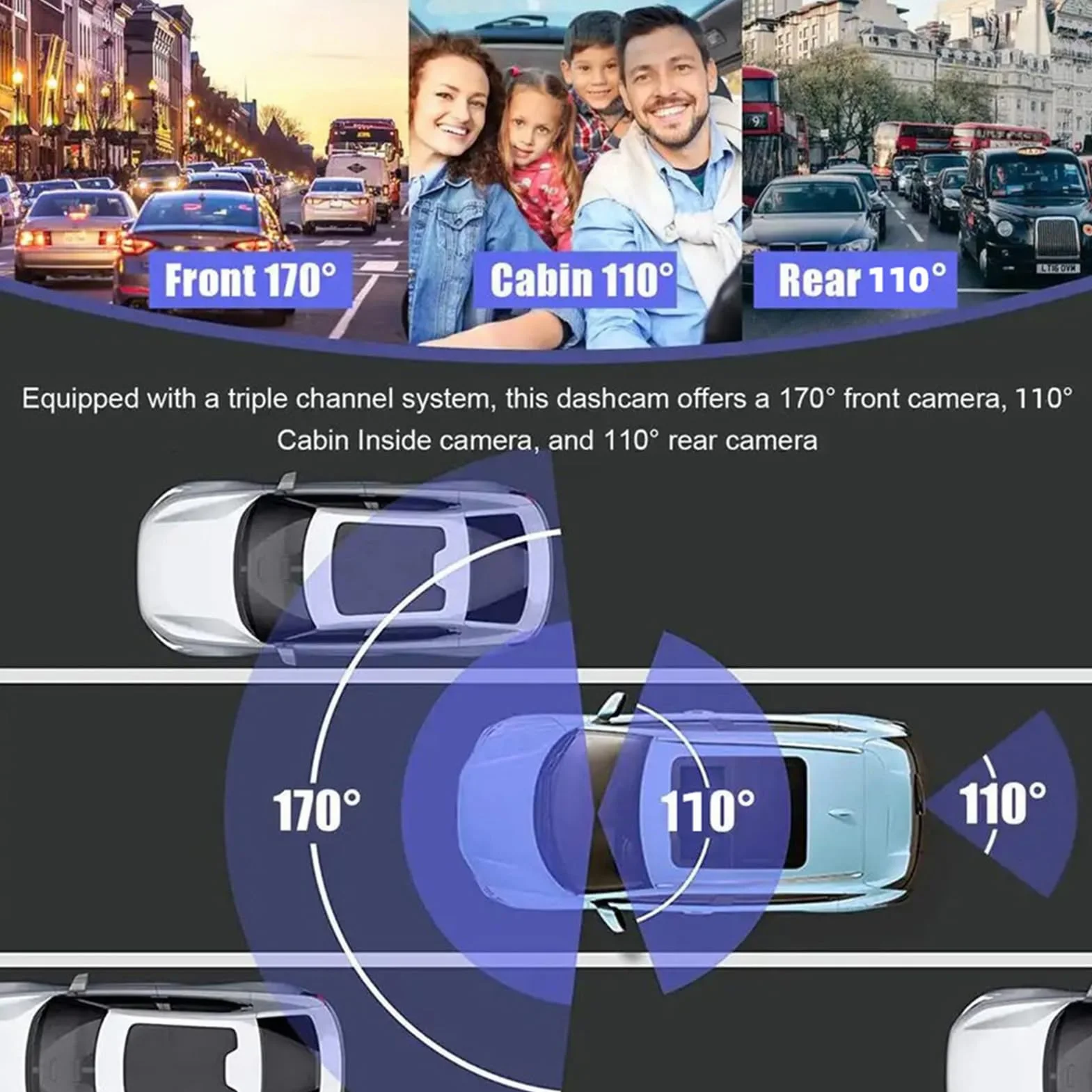 docooler Dash Cam z potrójną kamerą 1080P HD DVR samochodowa kamera bezpieczeństwa ultra-szeroki kąt 170° nagrywanie w pętli nagrywania w nocy