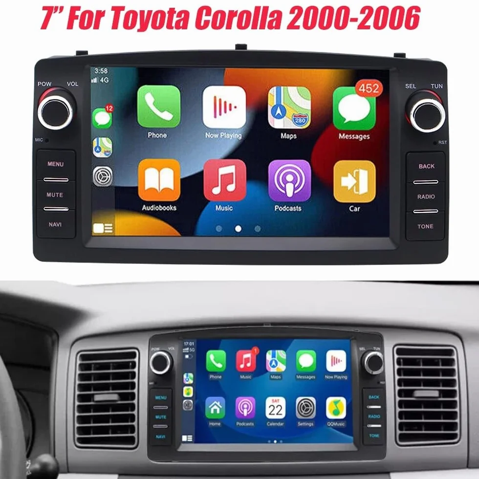 4+64G Android Double Din Radio dla Toyoty Corolla 2000-2006 z bezprzewodowym Carplay Android Auto, 7-calowym ekranem dotykowym, nawigacją Bluetooth, kamerą cofania AHD, GPS, WiFi, FM RDS SWC