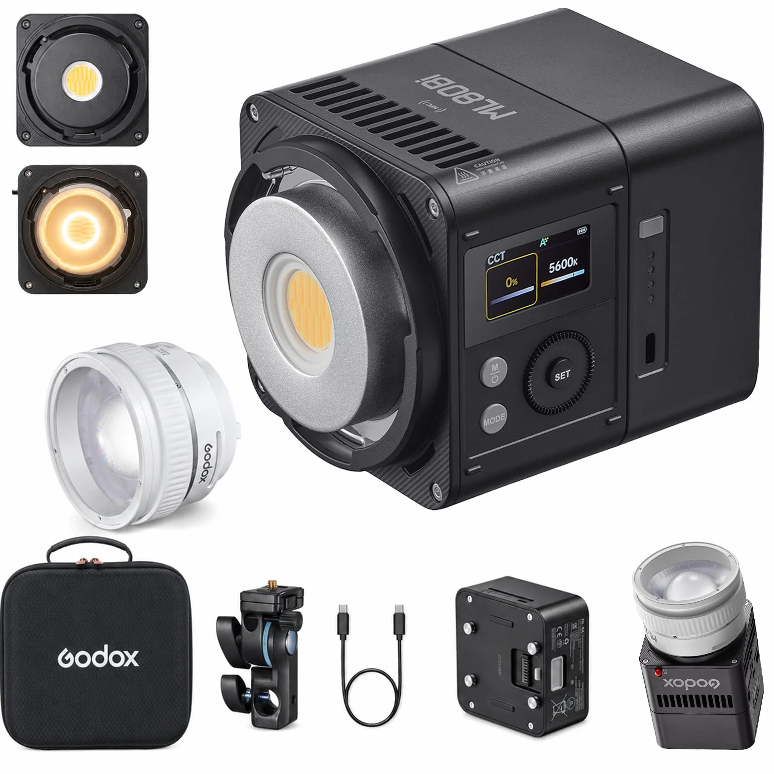 Godox ML80Bi Bi-kolorowa lampa wideo LED 2800–6500 K, 29 600 lx, kompaktowa modułowa lampa z obiektywem zmiennoogniskowym, sterowanie za pomocą aplikacji i sieci bezprzewodowej, CRI 96 TLCI 96