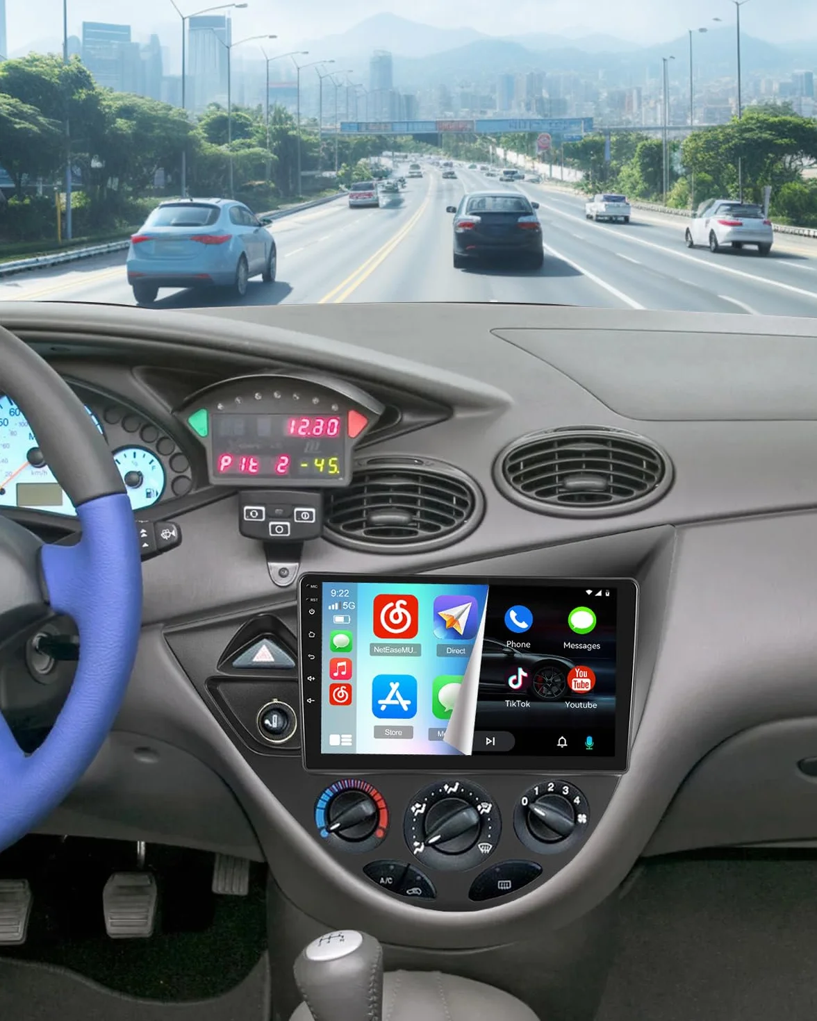 Roinvou Radio samochodowe do Ford Focus 1998-2005 Wireless CarPlay Android Auto MirrorLink, 9-calowy ekran dotykowy radia z Bluetooth EQ FM UI SWC Kamera cofania