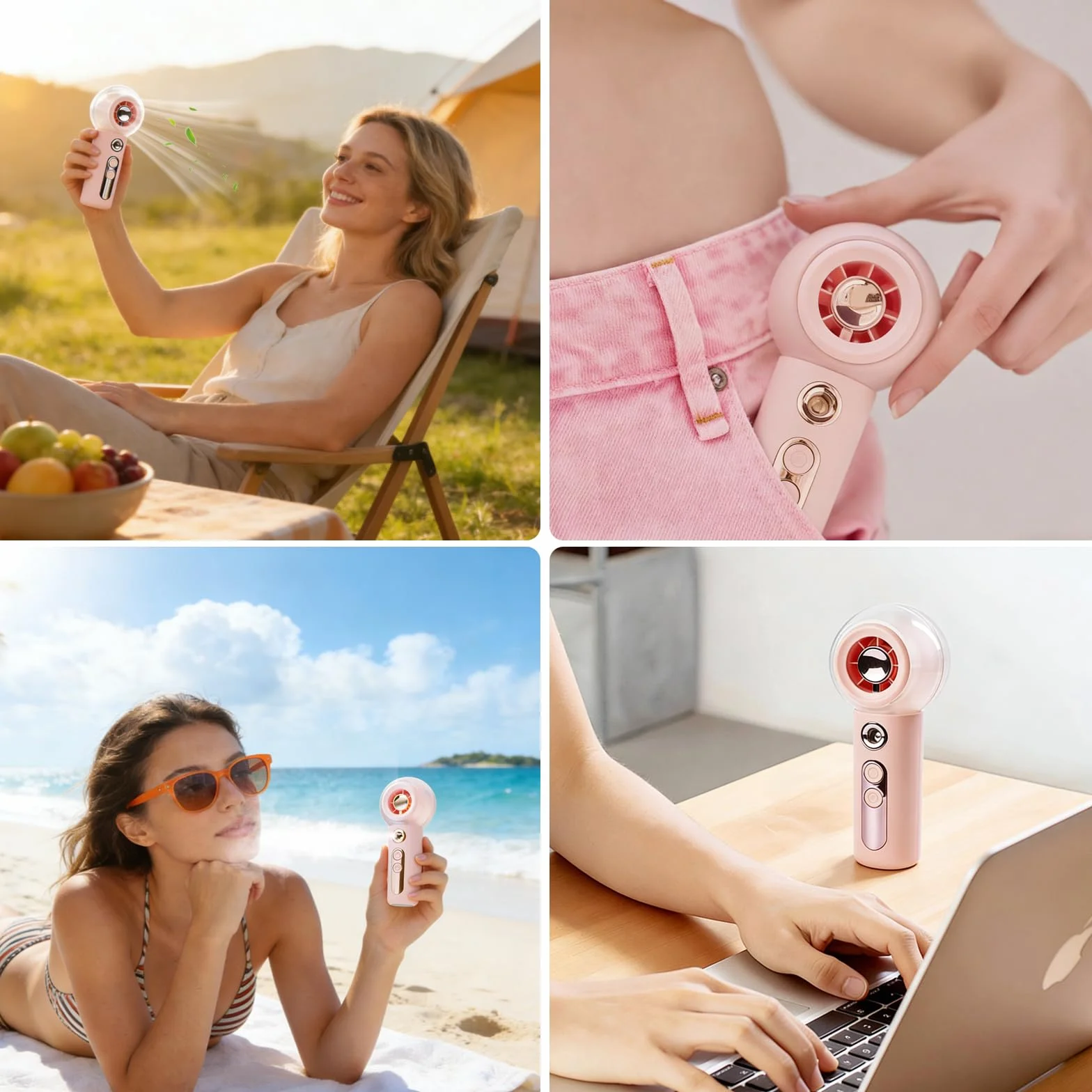 Gemmac Mini Przenośny Wentylator z Spray, Turbo Wentylator Ręczny USB z 2000 mAh Bateria/4 Prędkości, Różowy Pocket Fan dla Podróży Domu Biura na Zewnątrz Makijażu Odpowiedni dla Modnych Kobiet