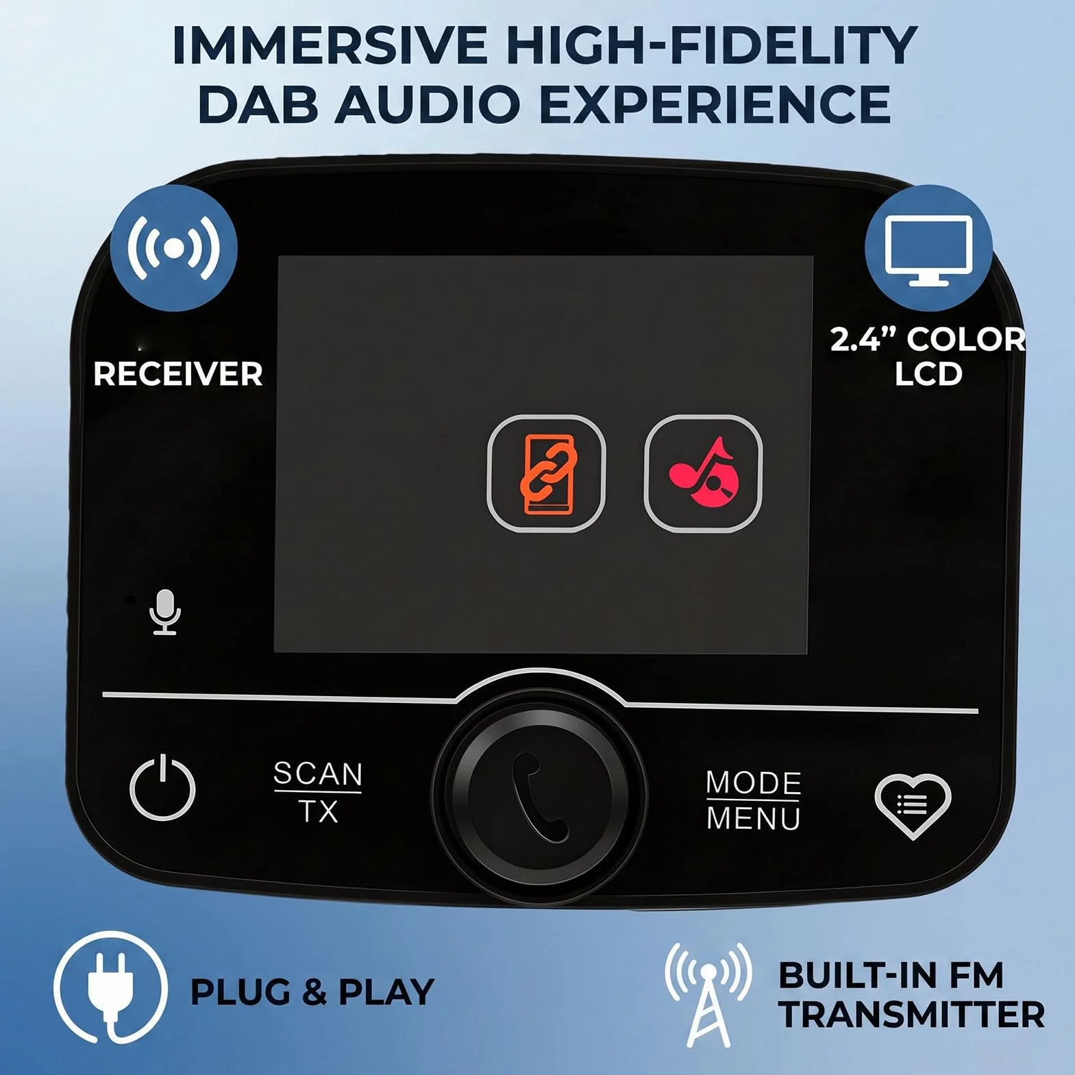 Odbiornik Samochodowy DAB z Kolorowym Ekranem i Ekranem o Przekątnej 2,4 Cala, z Zestawem Głośnomówiącym Bluetooth i Nadajnikiem FM do Montażu na Desce Rozdzielczej