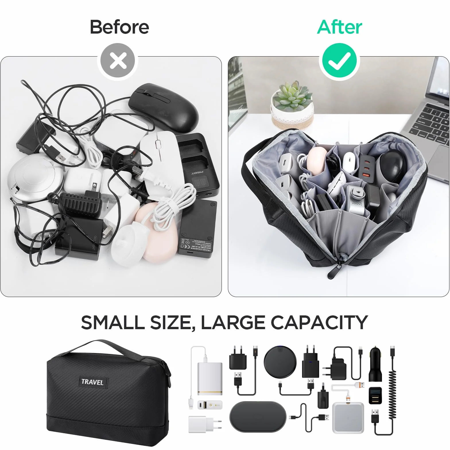 Romon Torba na kabel, organizer na kable, uniwersalny organizer podróżny, podwójna warstwa, akcesoria elektroniczne, torba do ładowania USB, powerbank, czarna,