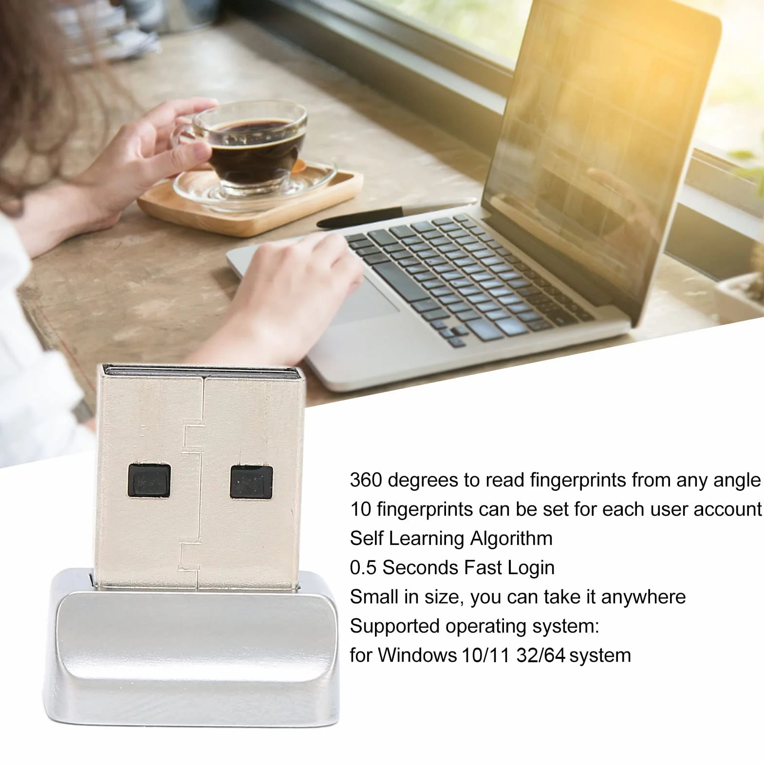 Czytnik Linii Papilarnych USB dla Systemu 10 11, Przenośny Skaner Linii Papilarnych do Komputera PC, Dotykowy Biometryczny Skaner Linii Papilarnych 360° do Laptopa PC,