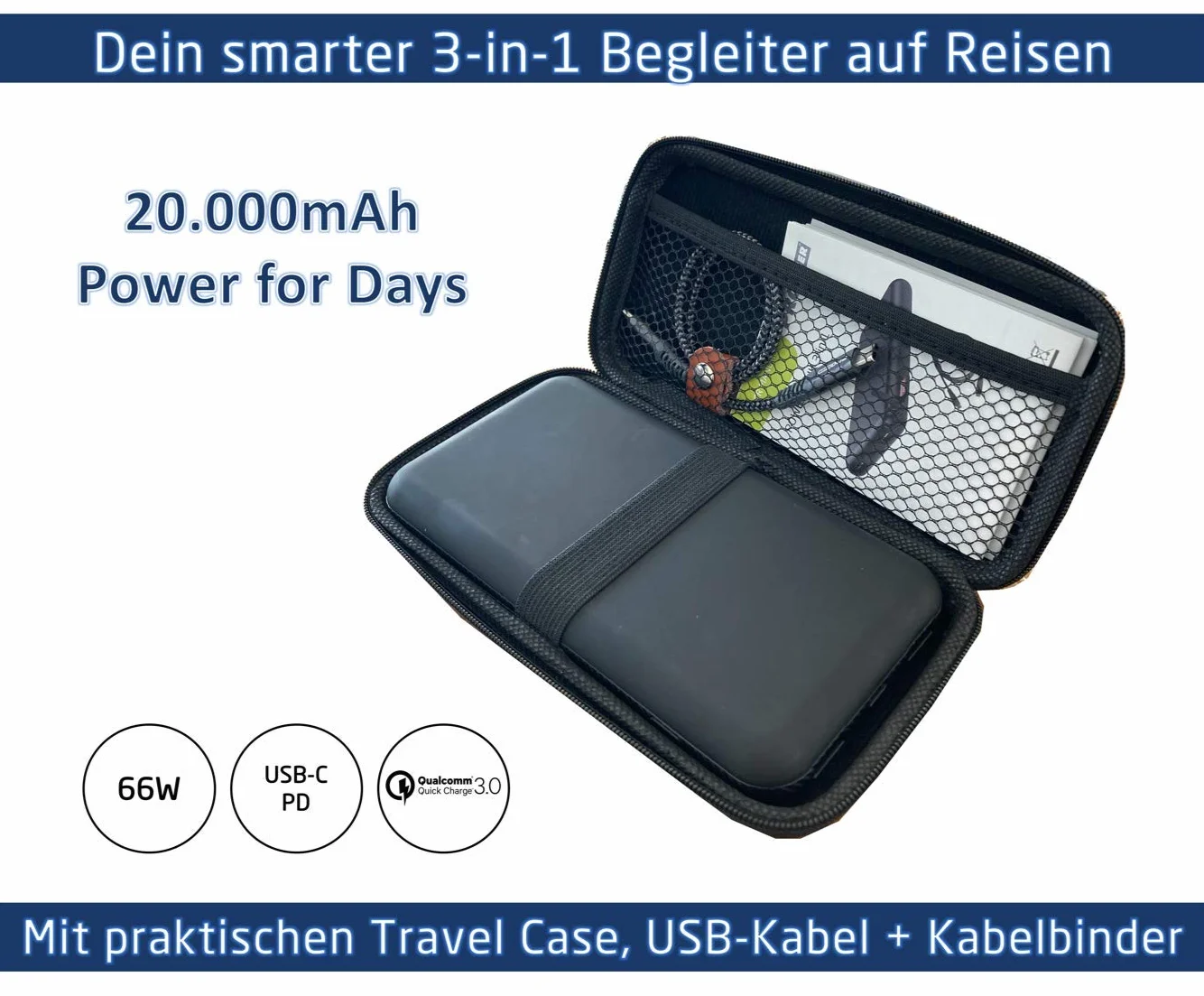 Pro User Powerbank 3 w 1 + USB HUB + czytnik kart SD; akumulator o wysokiej wydajności 20 000 mAh: 30 W USB-C Power Delivery Plus 2 x 18 W USB-A, w zestawie kabel USB i etui podróżne: ładowanie