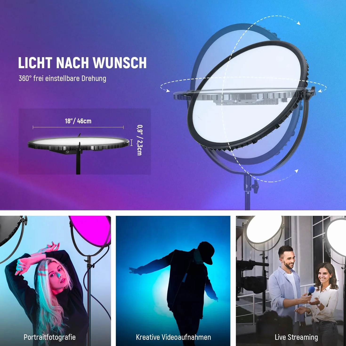 Neewer GR18C okrągły panel LED RGB, lampa wideo ze sterowaniem za pomocą aplikacji, 18 cali, ściereczka z mikrofibry Keepdrum