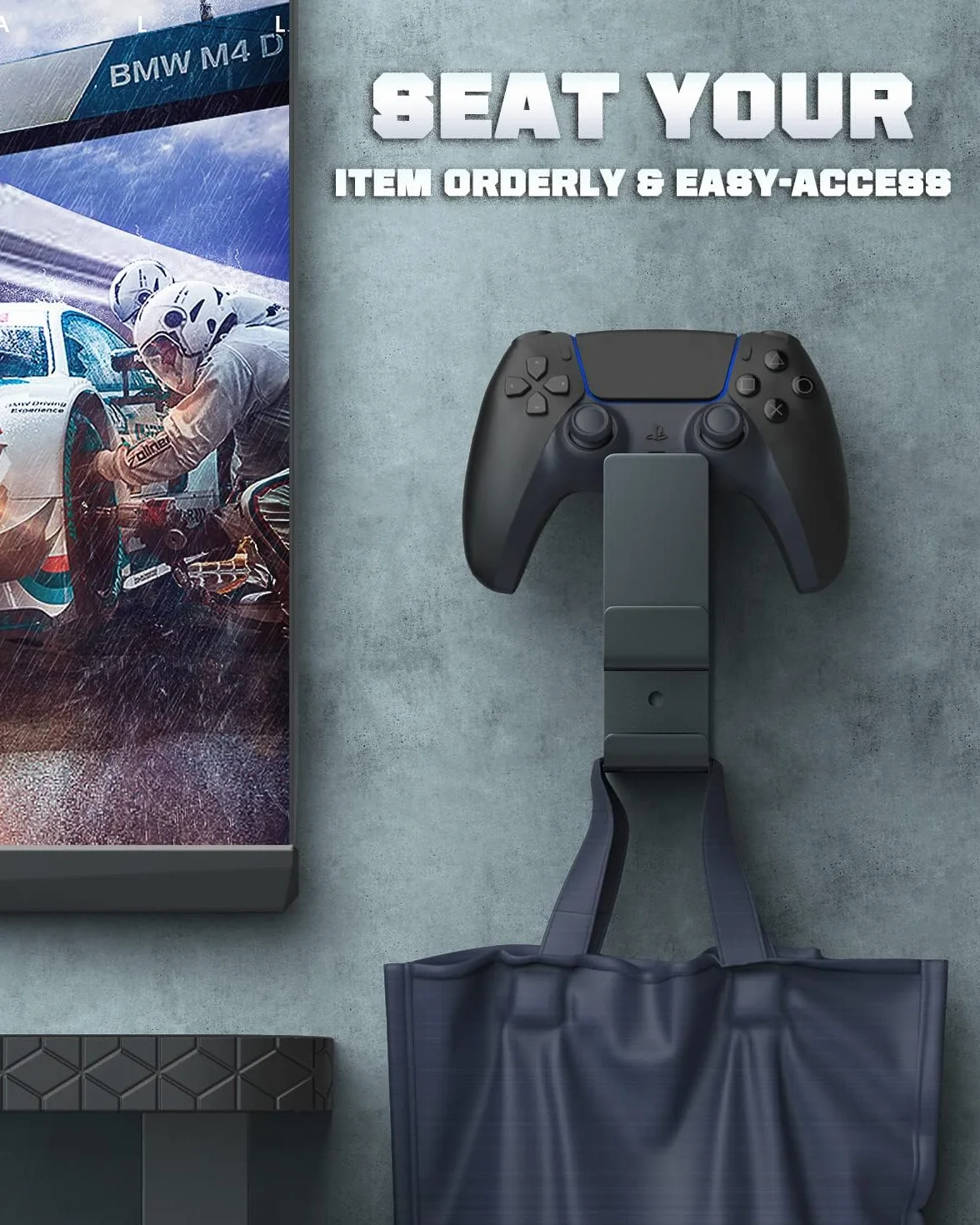 MoKo Controller Holder, Dual Gamepad Controller & Headphone Hanger for Xbox One, Xbox 360, PS3, PS4, PS5, PC, STEAM, Switch/Switch 2, Wall Mount Stand for All Universal Headsets, Black