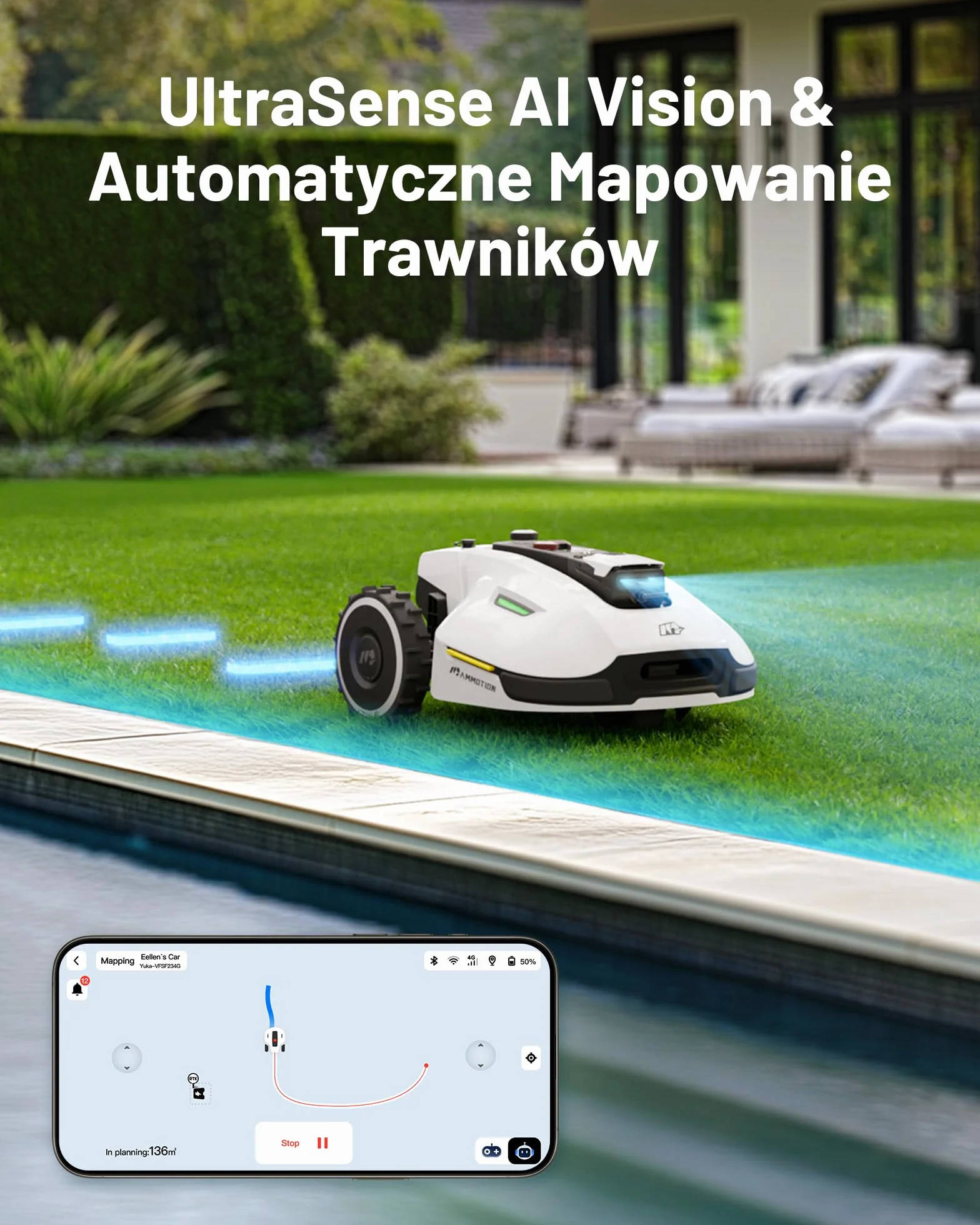 YUKA 3000 Kosiarka Automatyczna z zamiatarką, Zalecane 3000 m², maks.3400 m²,i Nachyleniu 45%, UltraSense AI Vision do Auto-Mapowania Wysokość Koszenia 20-90mm Szerokość Koszenia 320mm