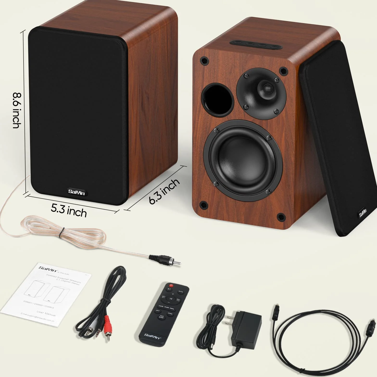 Saiyin Głośniki półkowe Bluetooth, 30 W x 2, zasilane głośniki telewizyjne z głośnikiem niskotonowym 3,5 cala, głośniki gramofonowe z wejściem optycznym/AUX/RCA do PC i telewizora