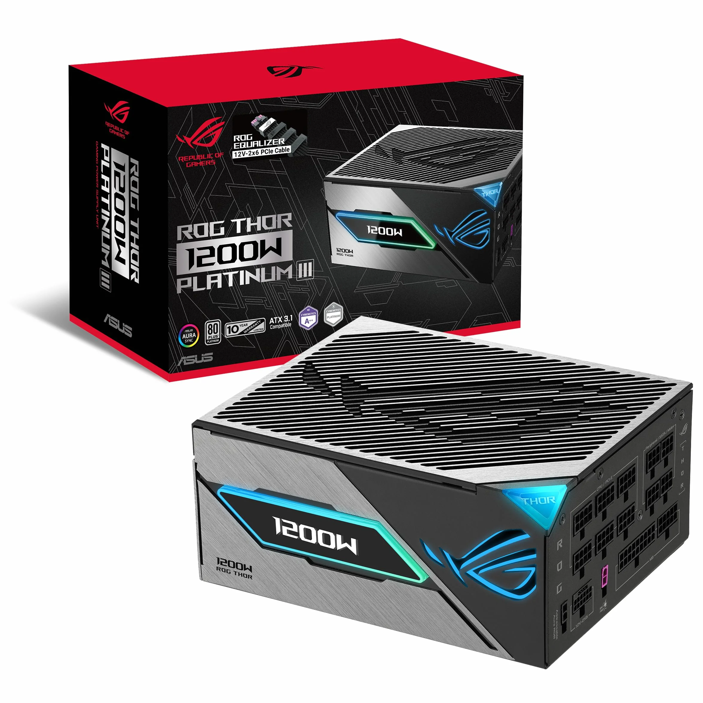 ASUS ROG Thor 1200 W Platinum III Equalizer ATX Gaming zasilacz (ROG Equalizer 12 V-2 x 6 PCIe, kabel zasilający GaN-MOSFET, wyświetlacz OLED, certyfikat 80 Plus i Cybenetics, ATX 3.1, PCIE 5.1