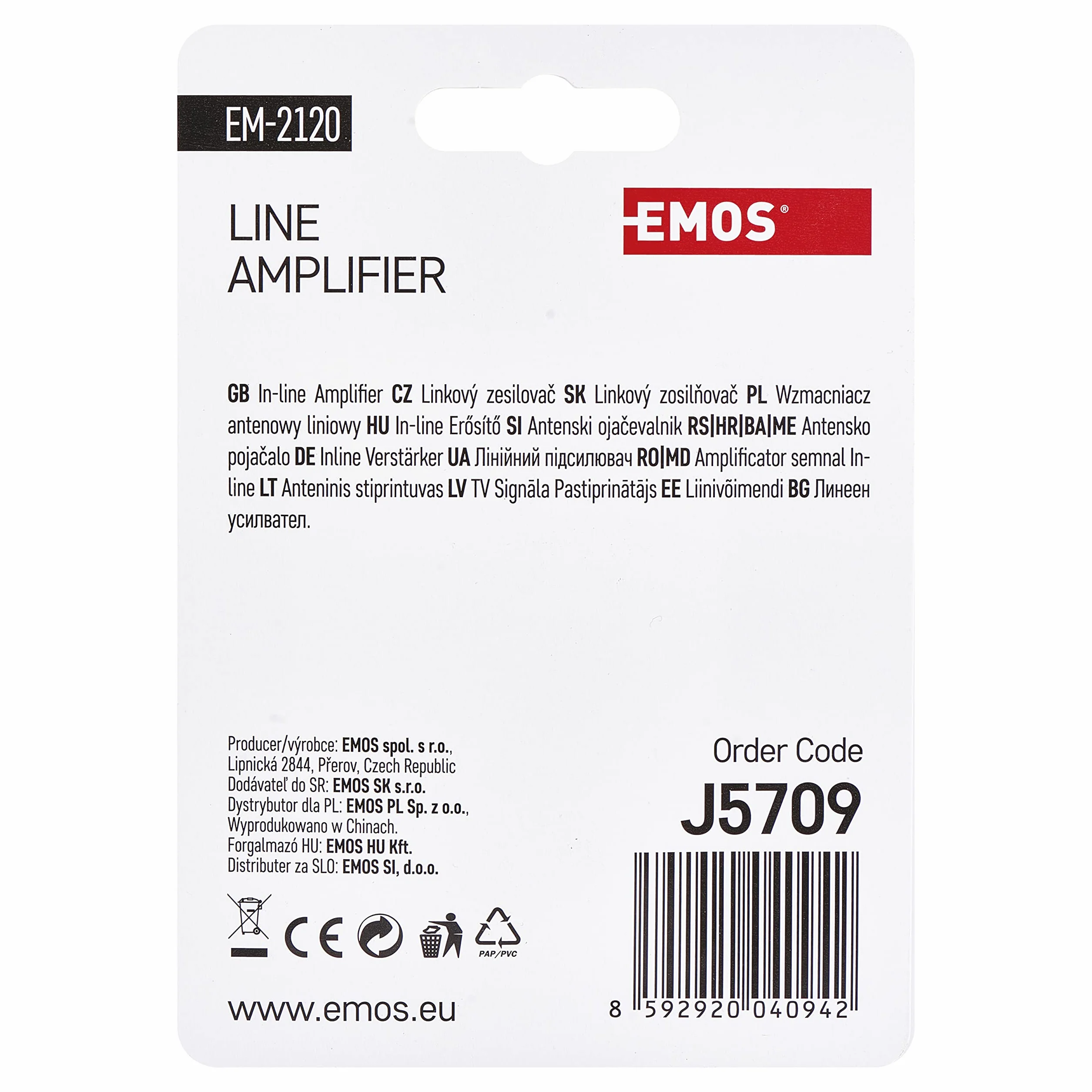 EMOS Satelitarny wzmacniacz liniowy Inline 20 dB 470–790 MHz do DVB-T2 srebrny