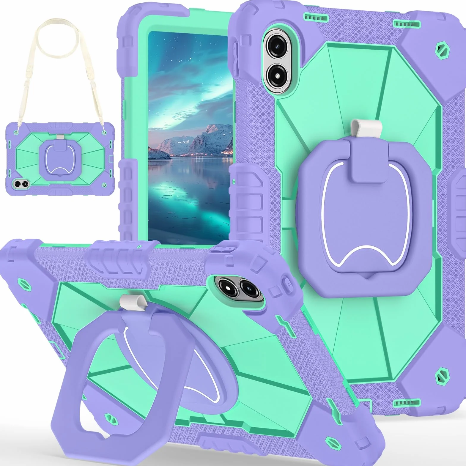 Etui na tablet kompatybilne z Redmi Pad 2 Pro 30.7 cm 2025 wytrzymałe, odporne na wstrząsy etui ochronne w 360 obrotowa podpórka + pasek na rękę + pasek na ramię (fioletowy + miętowy zielony)