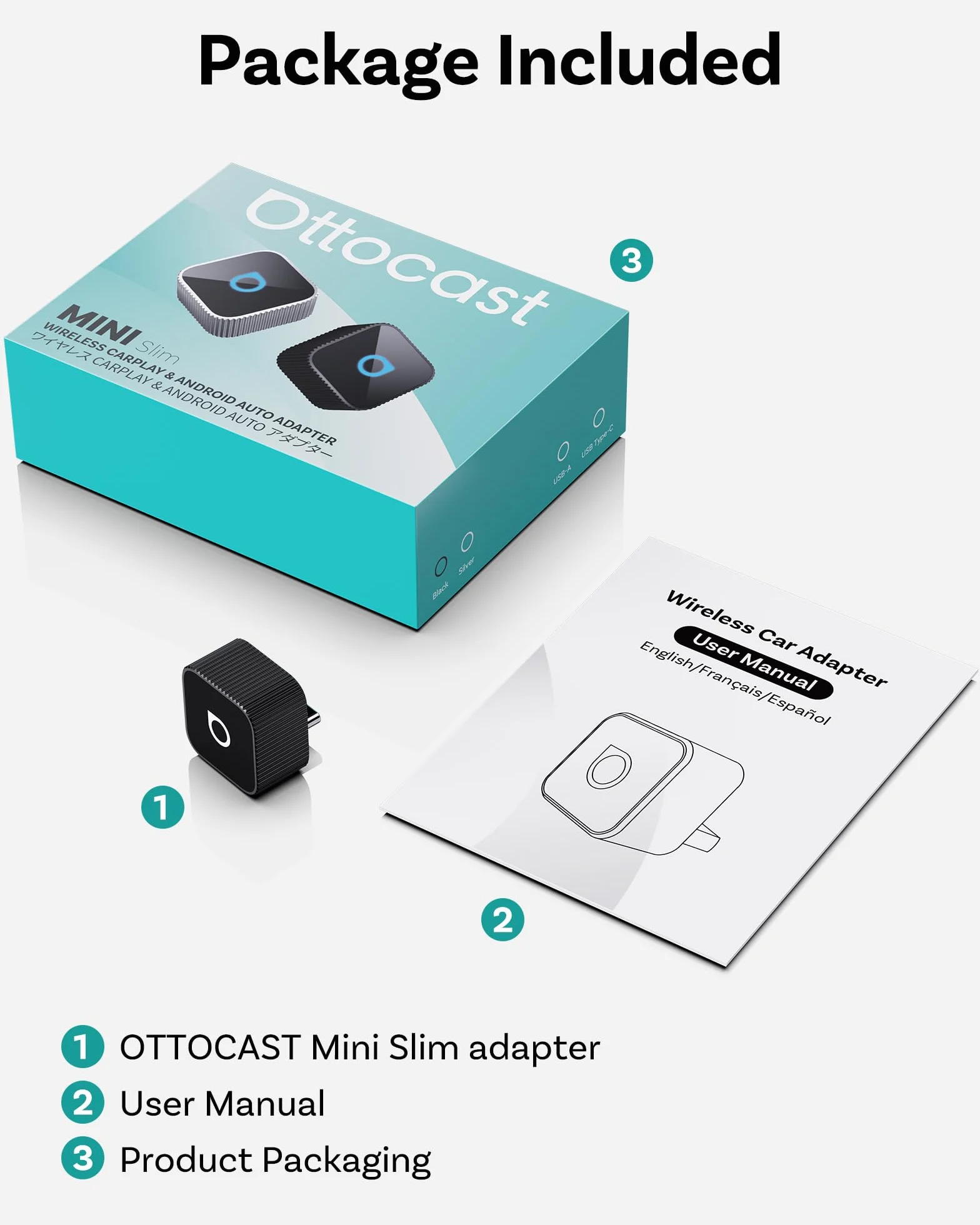 OTTOCAST Mini Slim 2026, bezprzewodowy adapter CarPlay i Android Auto Adapter, przewodowy CarPlay i Android Auto do bezprzewodowego, szybkie automatyczne połączenie, kompaktowy klucz USB C, czarna