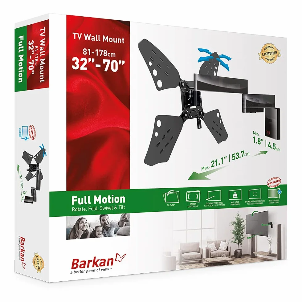 Barkan Uchwyt ścienny do telewizora, 81-178 cm (70 cali), przegubowy pełny ruch - 4-ruchowy płaski/zakrzywiony wspornik ekranu, bardzo niski profil, nośność do 40 kg, lista UL, pasuje do LED OLED