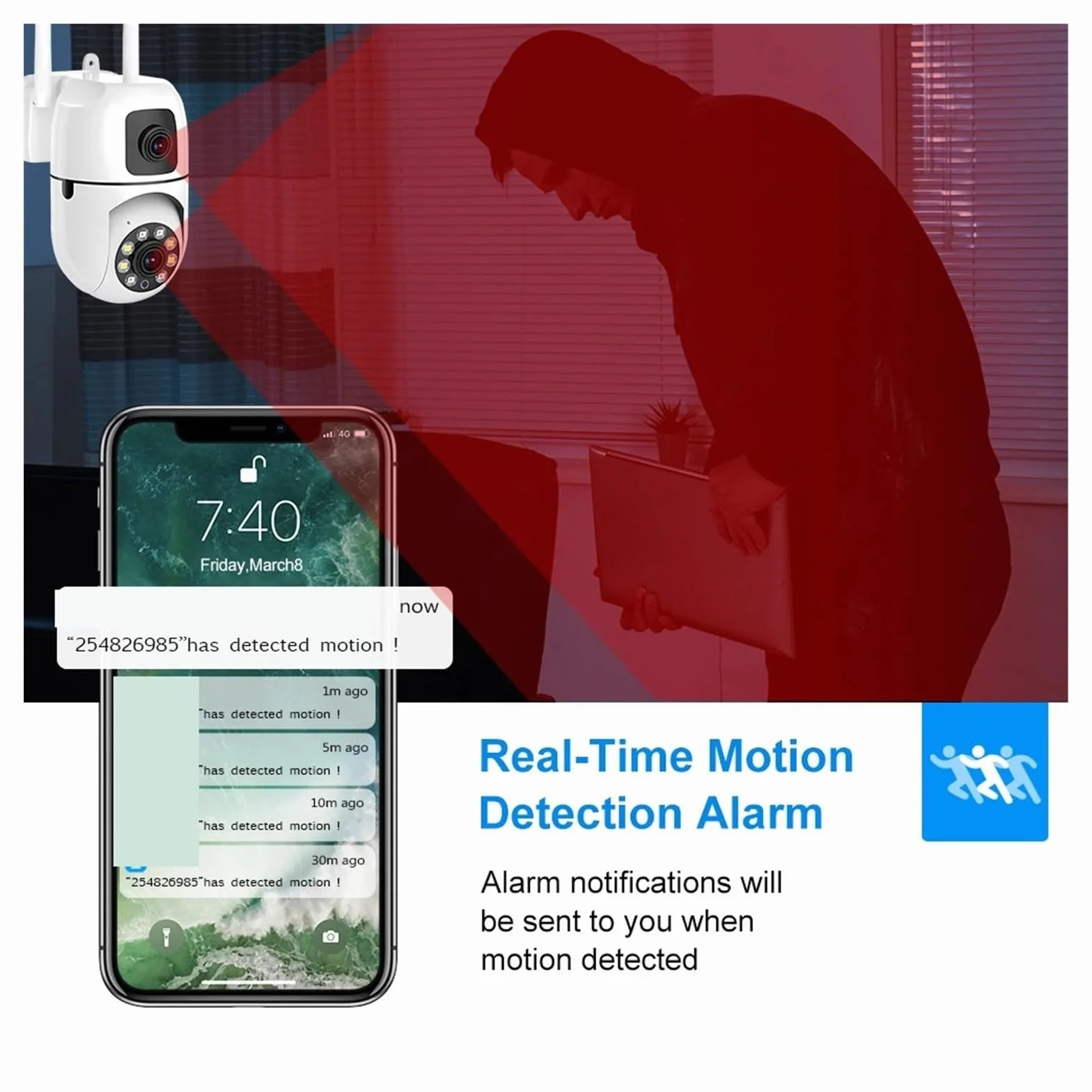 Kamera bezpieczeństwa, Podwójny obiektyw, podwójny ekran, kamera IP WiFi, ochrona bezpieczeństwa, bezprzewodowy monitor wewnętrzny, automatyczne śledzenie, monitoring wideo CCTV PTZ(Camara 64GB Card)