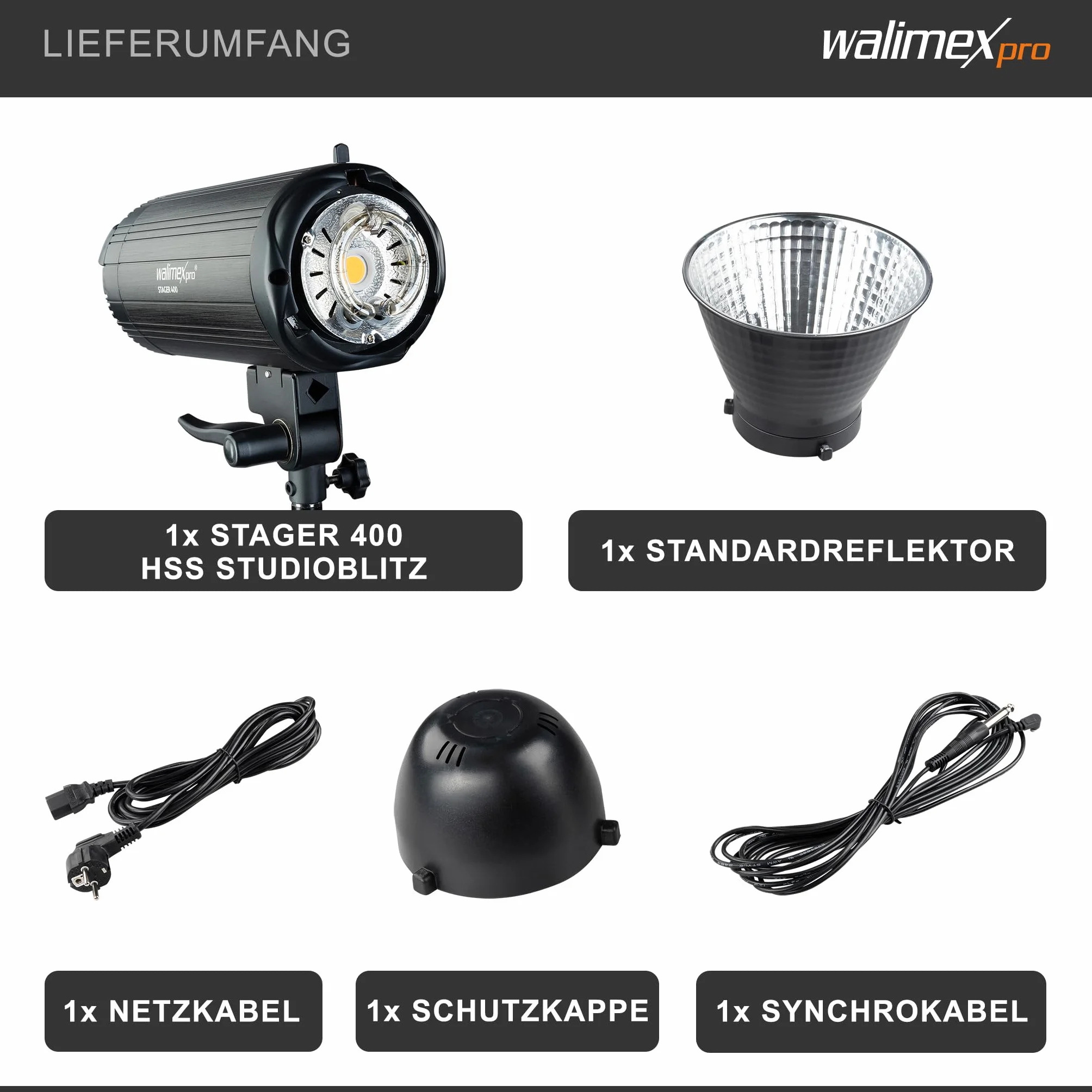 Walimex Pro Stager 400 HSS lampa studyjna – wydajna lampa studyjna z odbiornikiem 2,4 GHz, tryb HSS, 400 W, krótki czas palenia, światło LED do regulacji, dla profesjonalnych fotografów