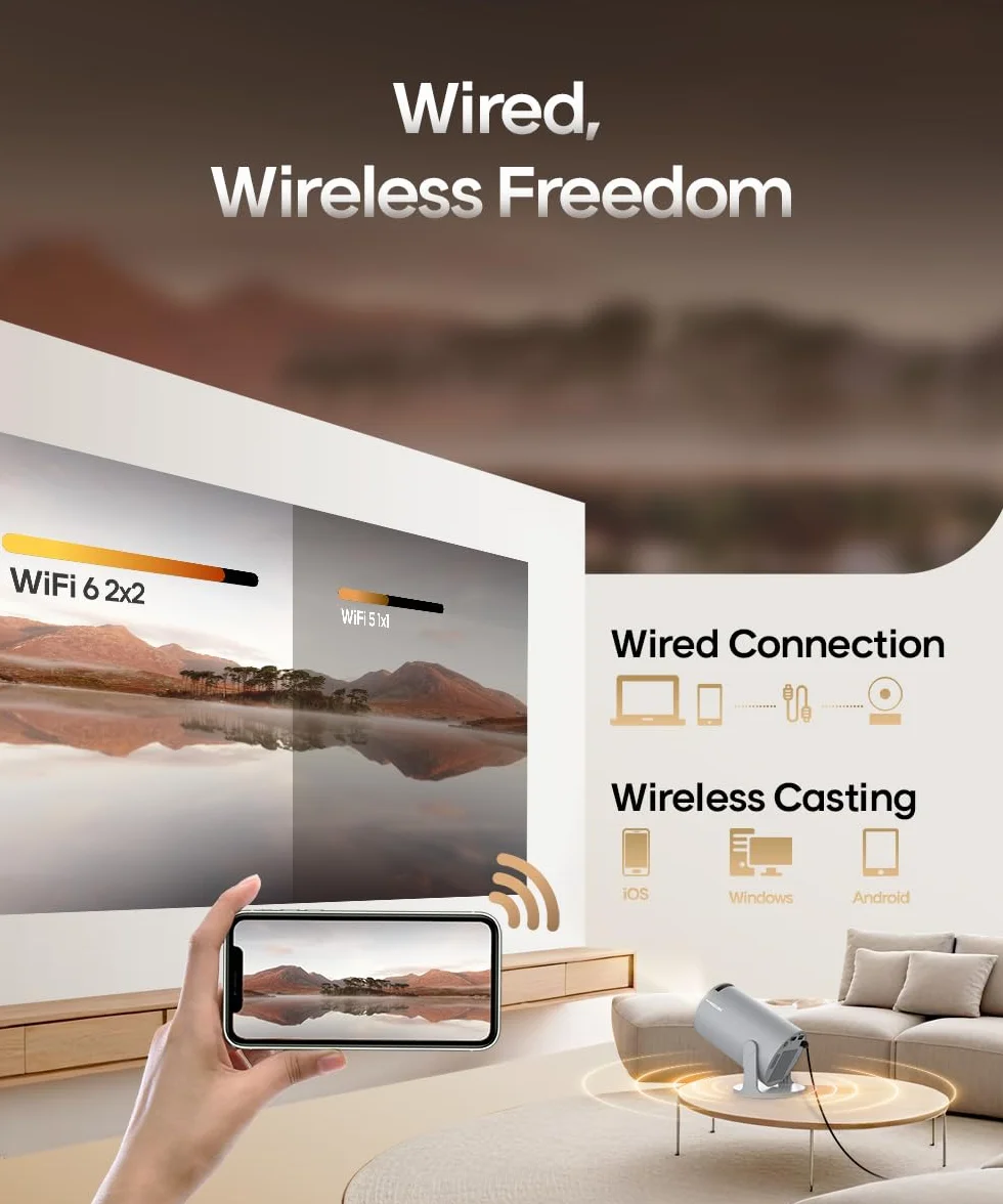 Mini projektor obsługuje 4K | inteligentny projektor 5G WiFi 6 BT 5.4, mini projektor Full HD 1080P, obsługuje 200ANSI 8000L w automatycznej poziomej korekcji trapezu (szary)