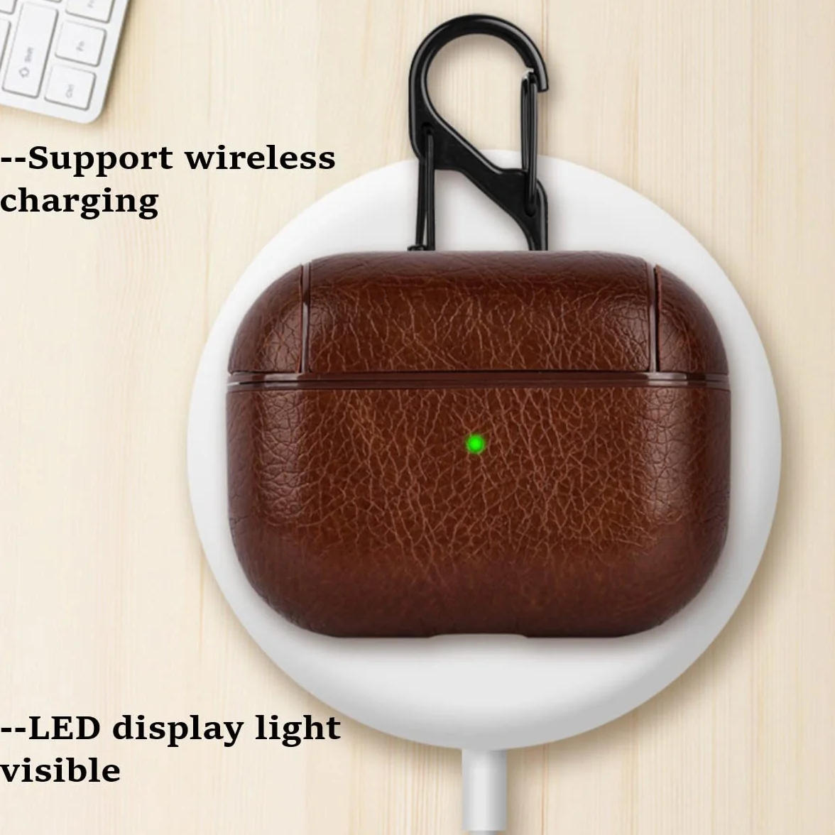 Skórzane etui do AirPods Pro 2 2022, AirPods Pro 2, etui ochronne z haczykiem, brązowe słuchawki PU Case (widoczne LED) (obsługuje bezprzewodowe ładowanie) do Apple AirPods Pro 2