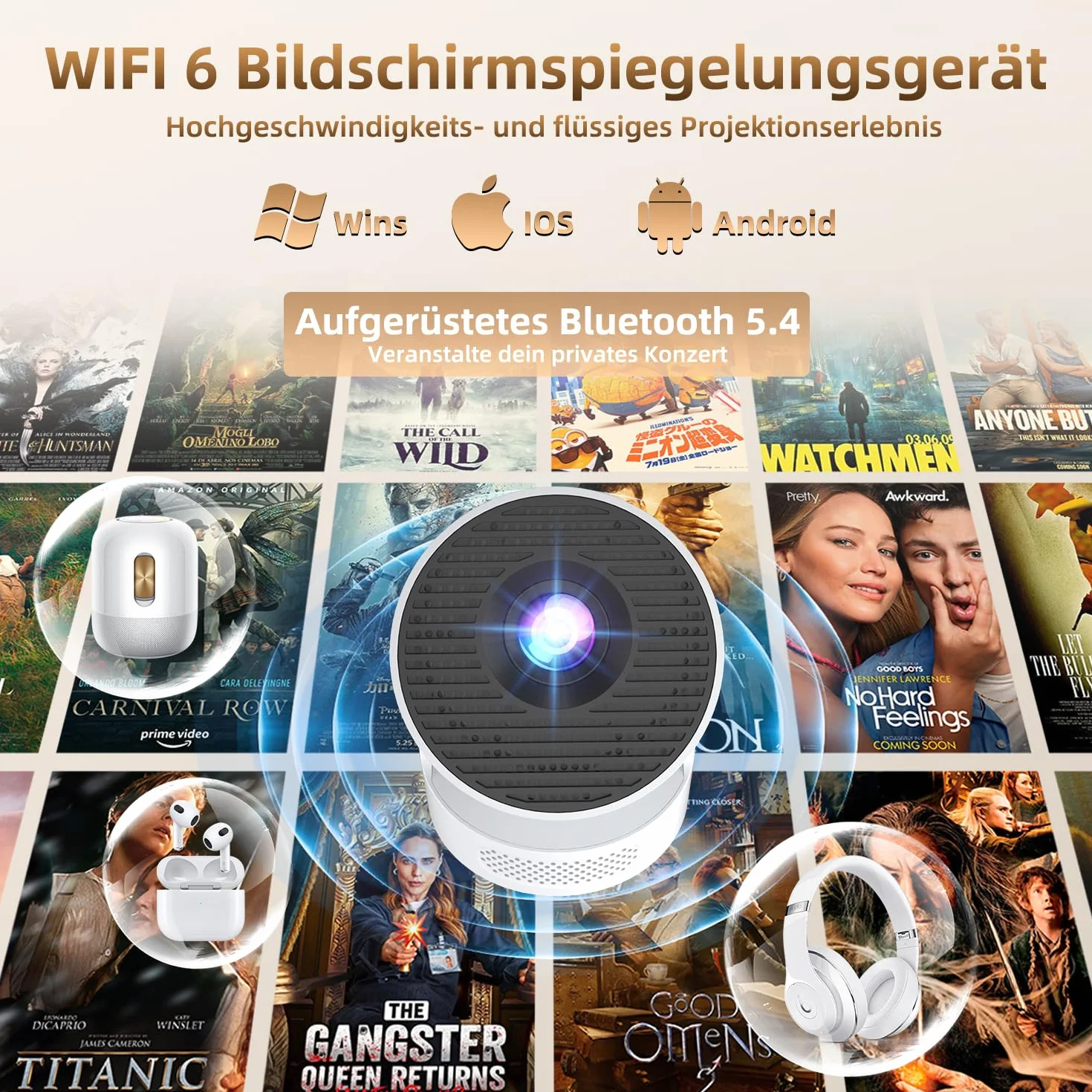 Mini projektor 4K, automatyczna korekcja trapezu z WiFi 6 BT, inteligentny projektor 4K FHD 1080p, obsługuje system Android 11.0, mały rzutnik, telefon komórkowy, obracany o 180°, kompatybilny z USB