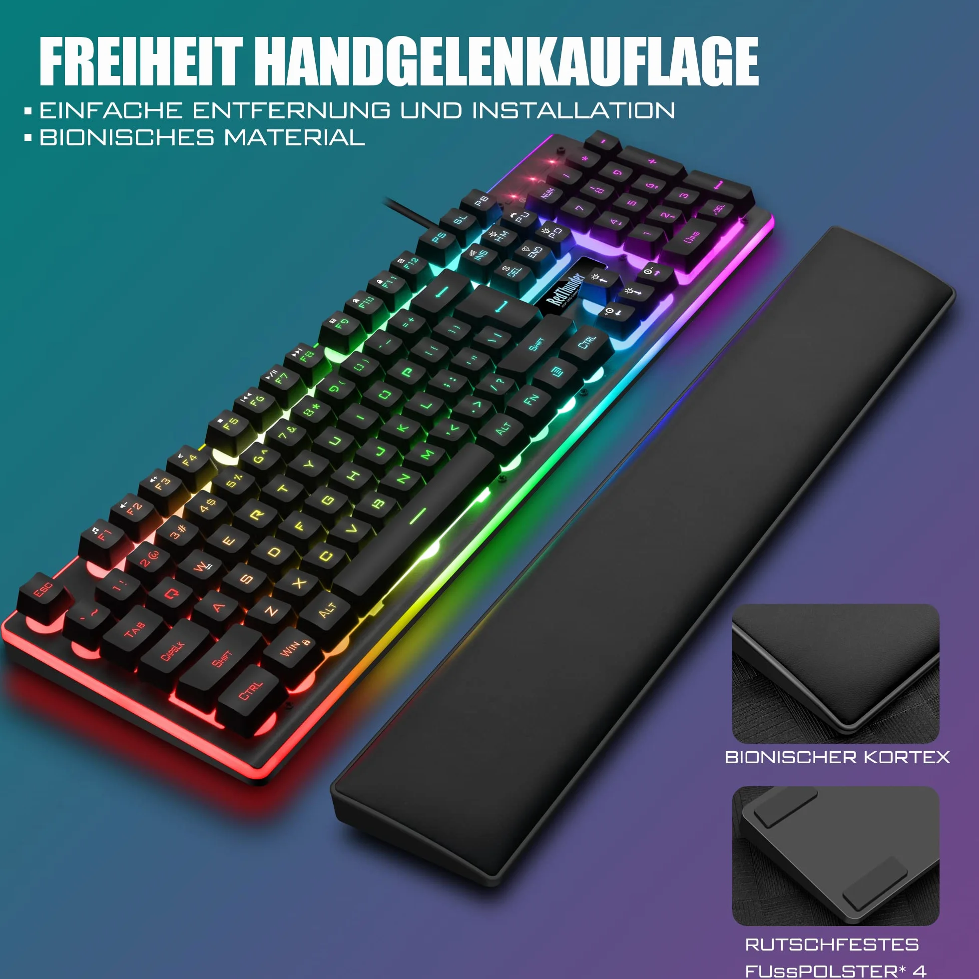 RedThunder K10 zestaw klawiatury i myszy do gier, układ QWERTZ DE, metalowa płyta i podpórka pod nadgarstek, podświetlenie RGB i ergonomiczna 7D dla graczy PC (czarny)