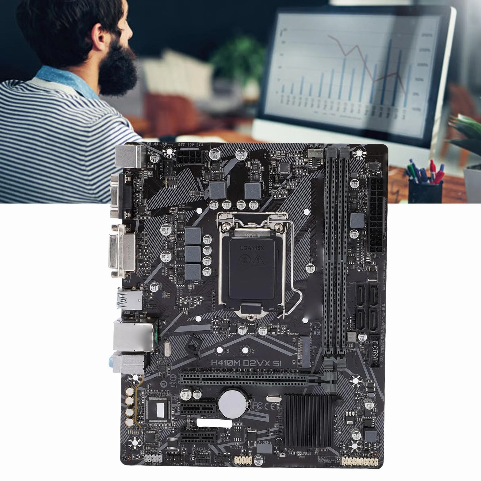 Asixxsix Płyta Główna Komputera H410M S2 M ATX, Płyta Główna Komputera PC z PCI E 3 0, Wyjście VGA DVI, 2 Gniazda DDR4 DIMM Pasujące do Procesorów CPU LGA 1200 10. Generacji
