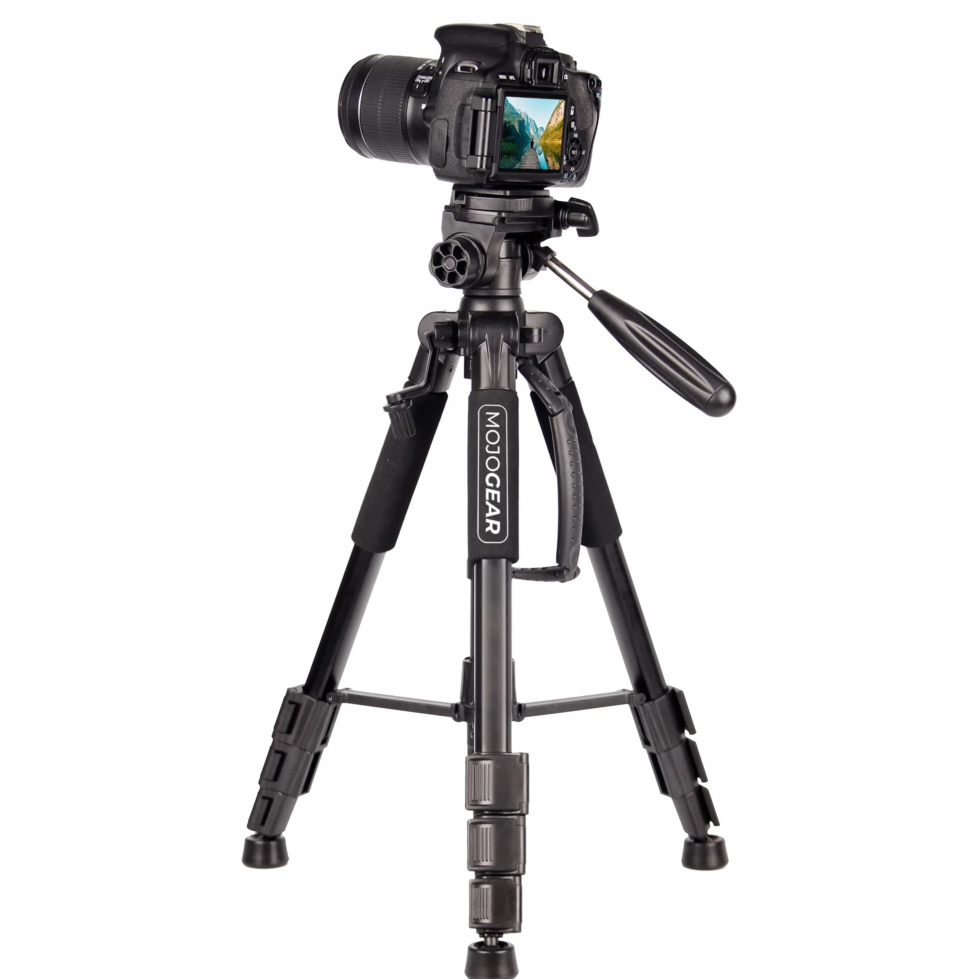 MOJOGEAR 140 cm statyw wideo z premium uchwytem na smartfona - aluminiowy statyw DSLR do aparatu i telefonu komórkowego, trójnóg podróżny, z 3-drożną głowicą kulową, płytką szybkiej wymiany, torbą