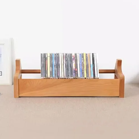 Kompaktowy stojak do przechowywania płyt CD z litego drewna, na płyty DVD, drewniane etui na klejnoty, stojak do gier wideo i płyt CD, 49 x 18,8 x 15,6 cm (wiśniowe wykończenie)