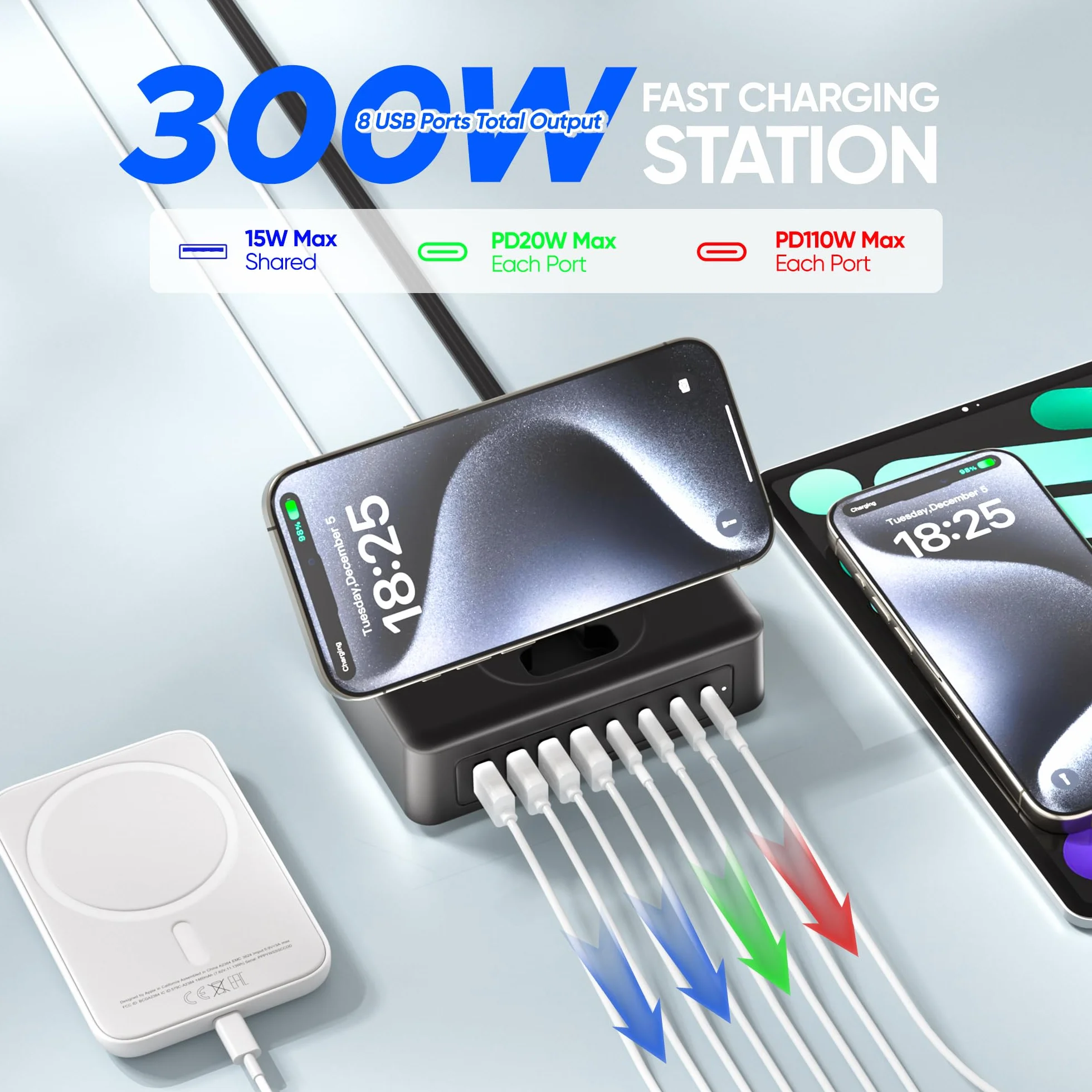 Stacja ładująca USB 300 W, listwa zasilająca USB C 11 w 1, 2 gniazda AC i 8 portów USB, płaski przewód przedłużający 1,5 m z wieloma urządzeniami, ładowarka biurkowa do domowego biura, akcesoria na