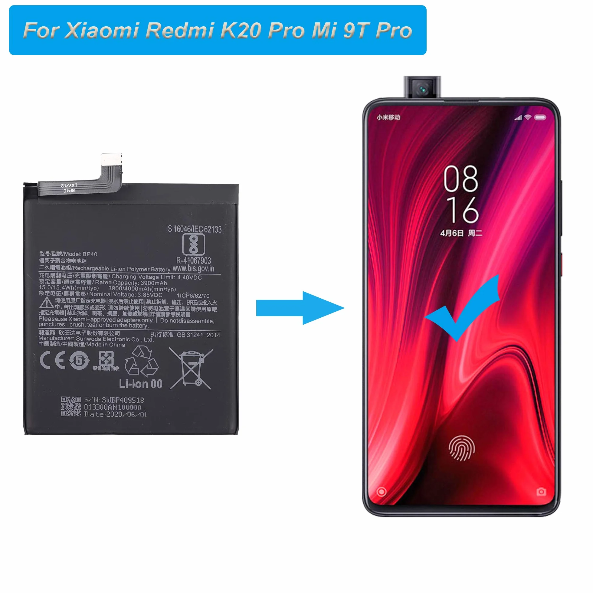 Akumulator zamienny BP40 kompatybilny z Redmi K20 Pro Mi 9T Pro z narzędziami