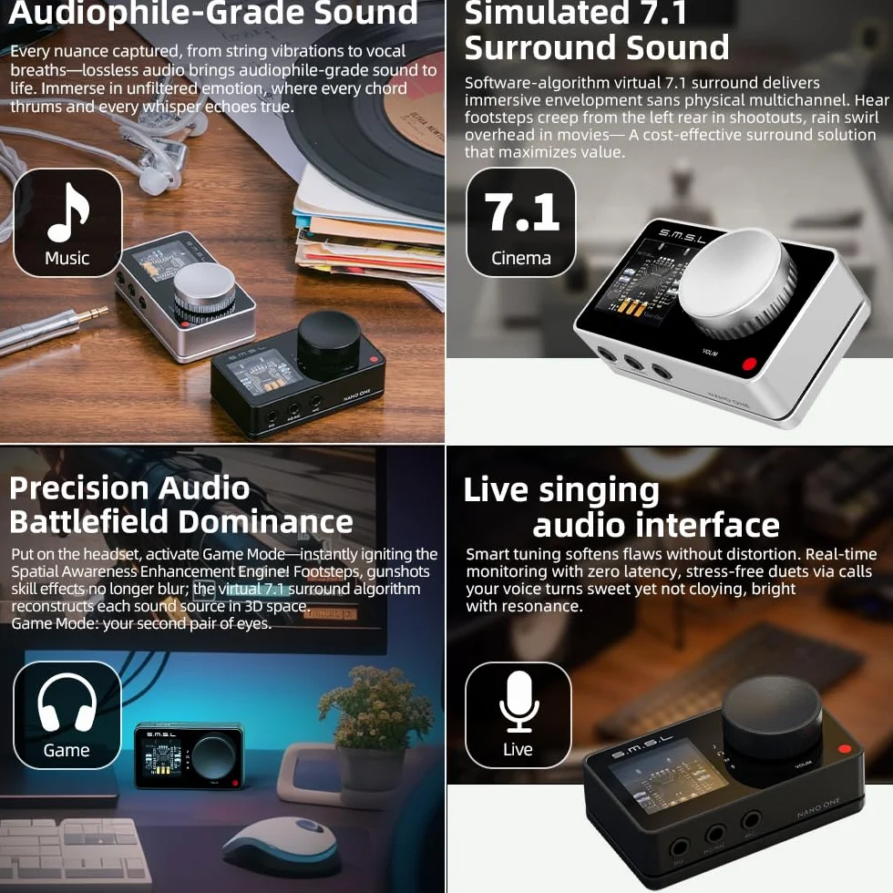 SMSL Nano ONE, zewnętrzna karta dźwiękowa do gier mikrofon/wejście USB, wyjście słuchawkowe 3,5 mm cztery tryby: muzyka/gra/7.1 Virtual/Voice Enhancement łączy się z telefonami/tabletami/komputerami