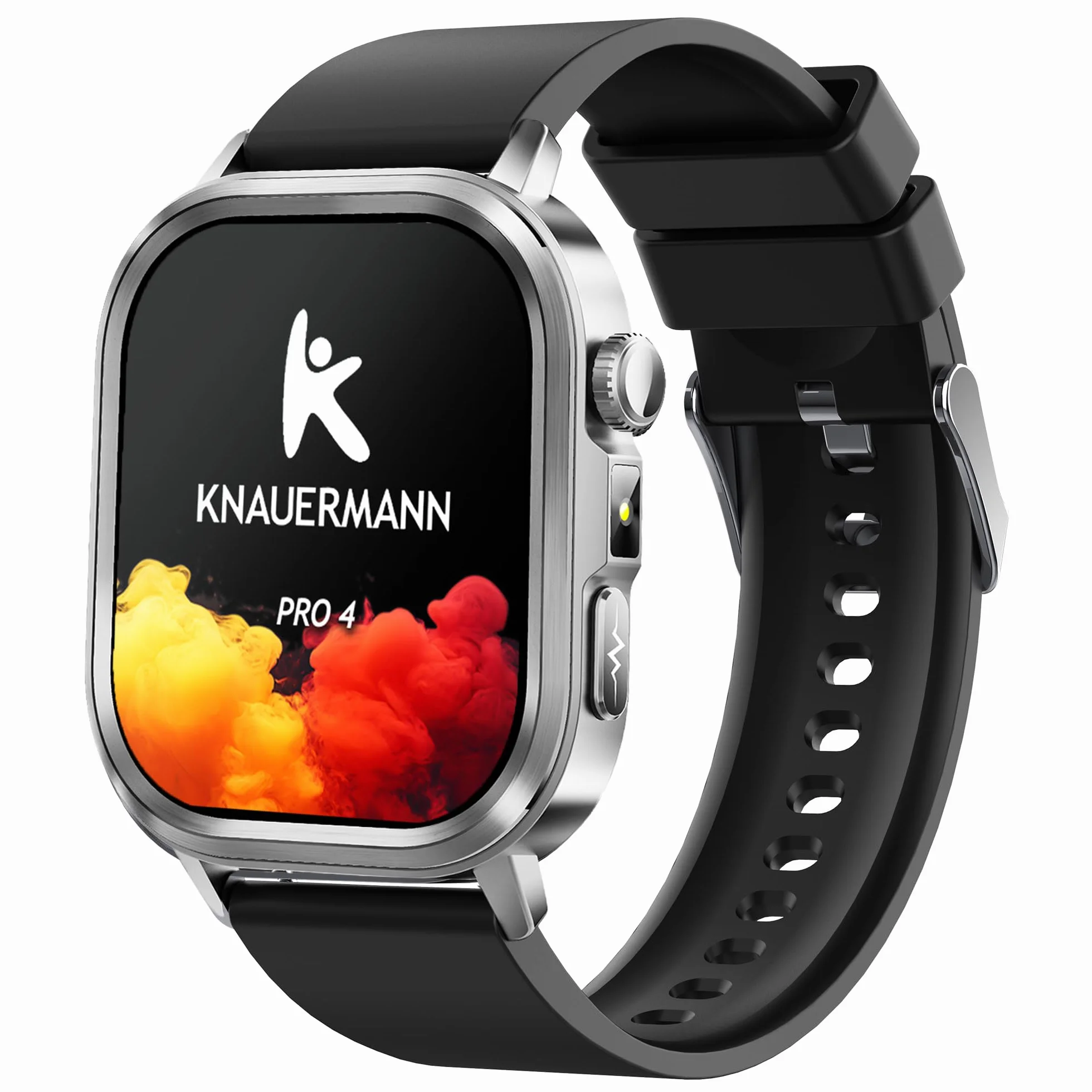 Knauermann PRO 4 (2026) prostokątny srebrny – zegarek zdrowotny EKG z pomiarem ciśnienia krwi, pulsu i tlenu we krwi, funkcja telefonu, analiza snu, IP67, 46 mm, silikon, czarny