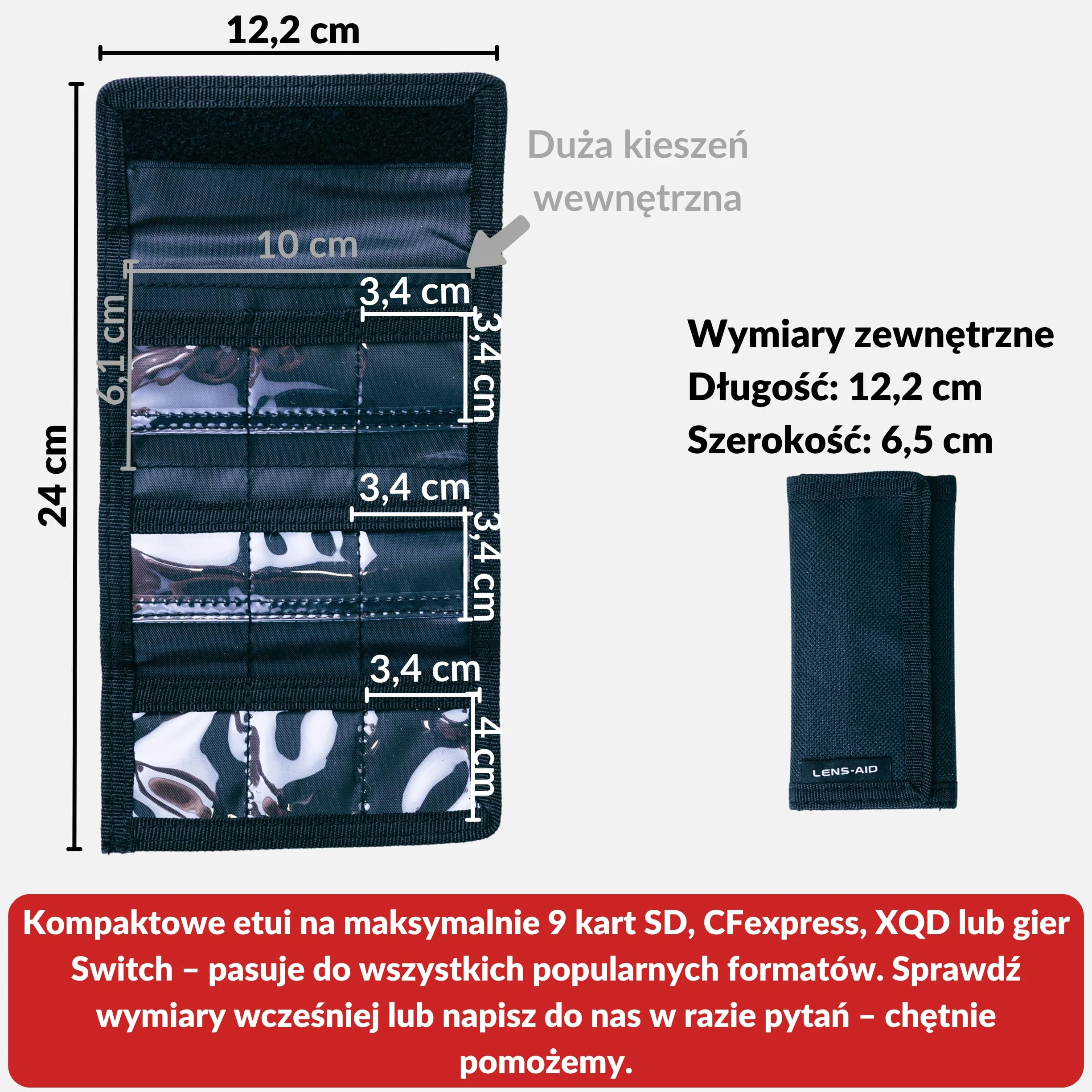 Lens-Aid Etui na karty SD do przechowywania: Kompaktowe etui na maksymalnie 9 kart SD, CFexpress, XQD, gry Switch - Etui wykonane z wytrzymałej tkaniny nylonowej z zapięciem na rzep i pętelką