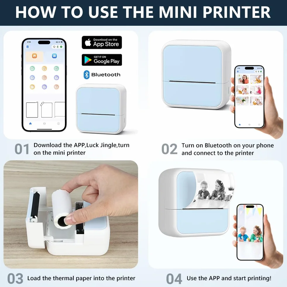 OFFCUP Mini drukarka Mini drukarka fotograficzna z 5 rolkami papieru Przenośna mini drukarka termiczna Drukarka kieszonkowa Drukarka Bluetooth do smartfonów z systemem iOS i Androidem do notatek
