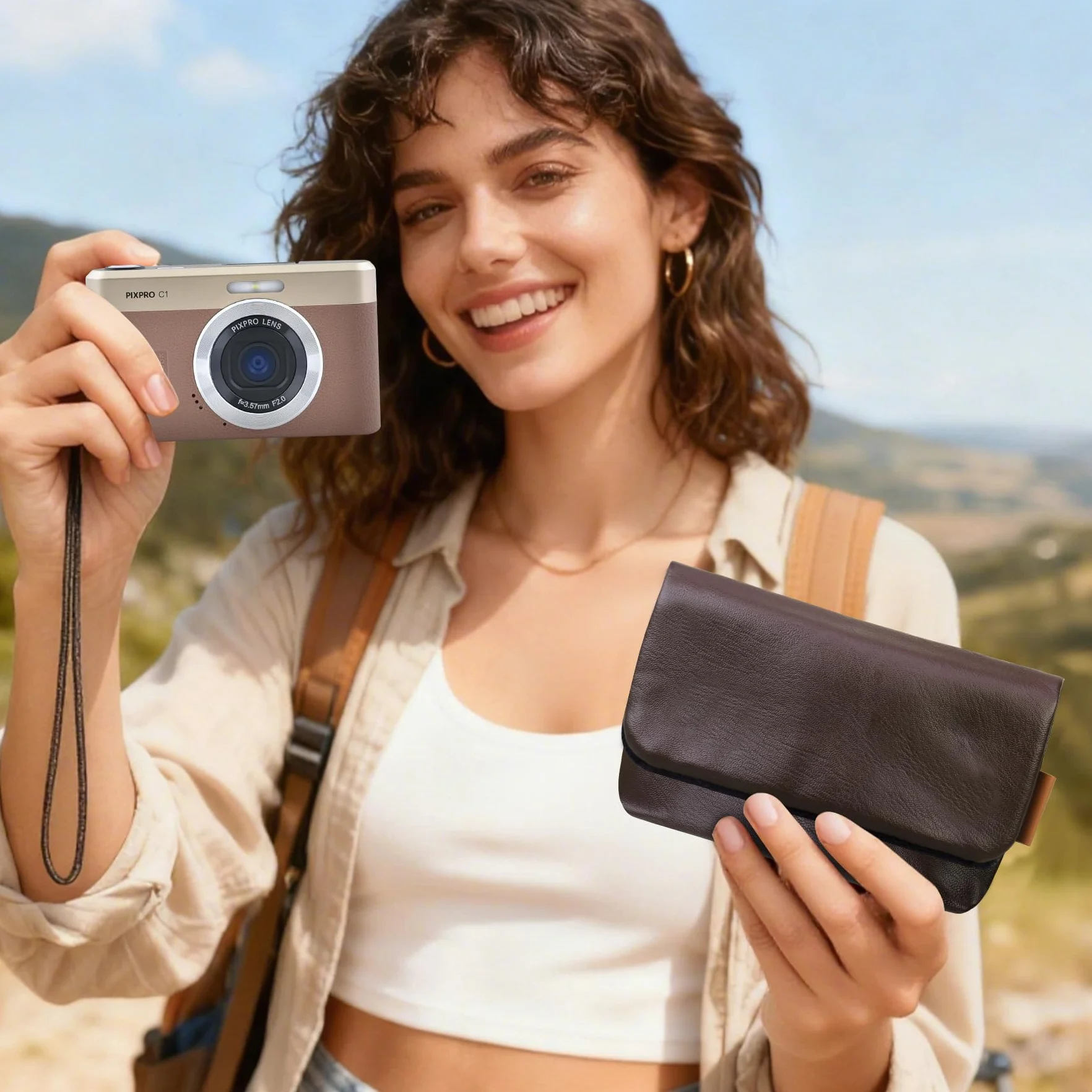 Lacdo Futerał na Aparat Fotograficzny do KODAK PIXPRO C1 Friendly Zoom Digital Camera, Miękkie skórzane ochronne etui aparat, Kompaktowy KODAK PIXPRO C1 Torba na aparat z paskiem na nadgarstek,Brązowy