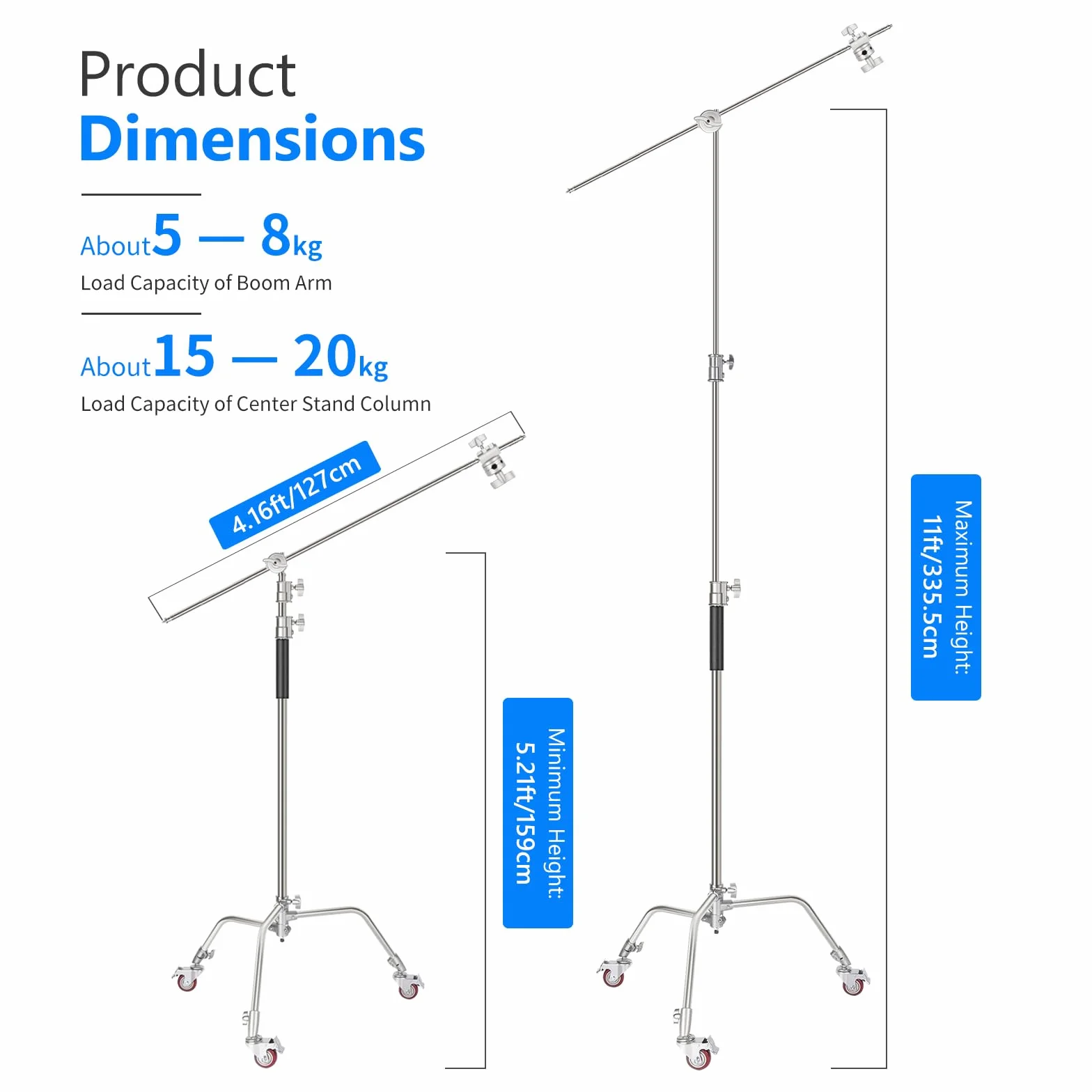 NEEWER Pro 100% metalowy stojak oświetleniowy C z kółkami, maksymalna wysokość 330 cm, regulowany stojak odblaskowy z ramieniem wysięgnika 120 cm i 3 kołami pasowymi do studia fotograficznego,