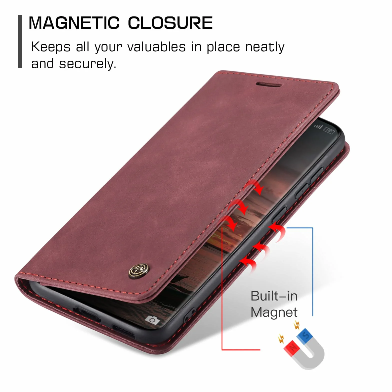 Portfel Etui do Xiaomi Redmi Note 15 4G Case, Skórzane PU z Klapką, Pełna Ochrona Przegródki na Karty Stojak Magnetyczna Kieszeń do Xiaomi Redmi Note 15 4G, Czerwone wino