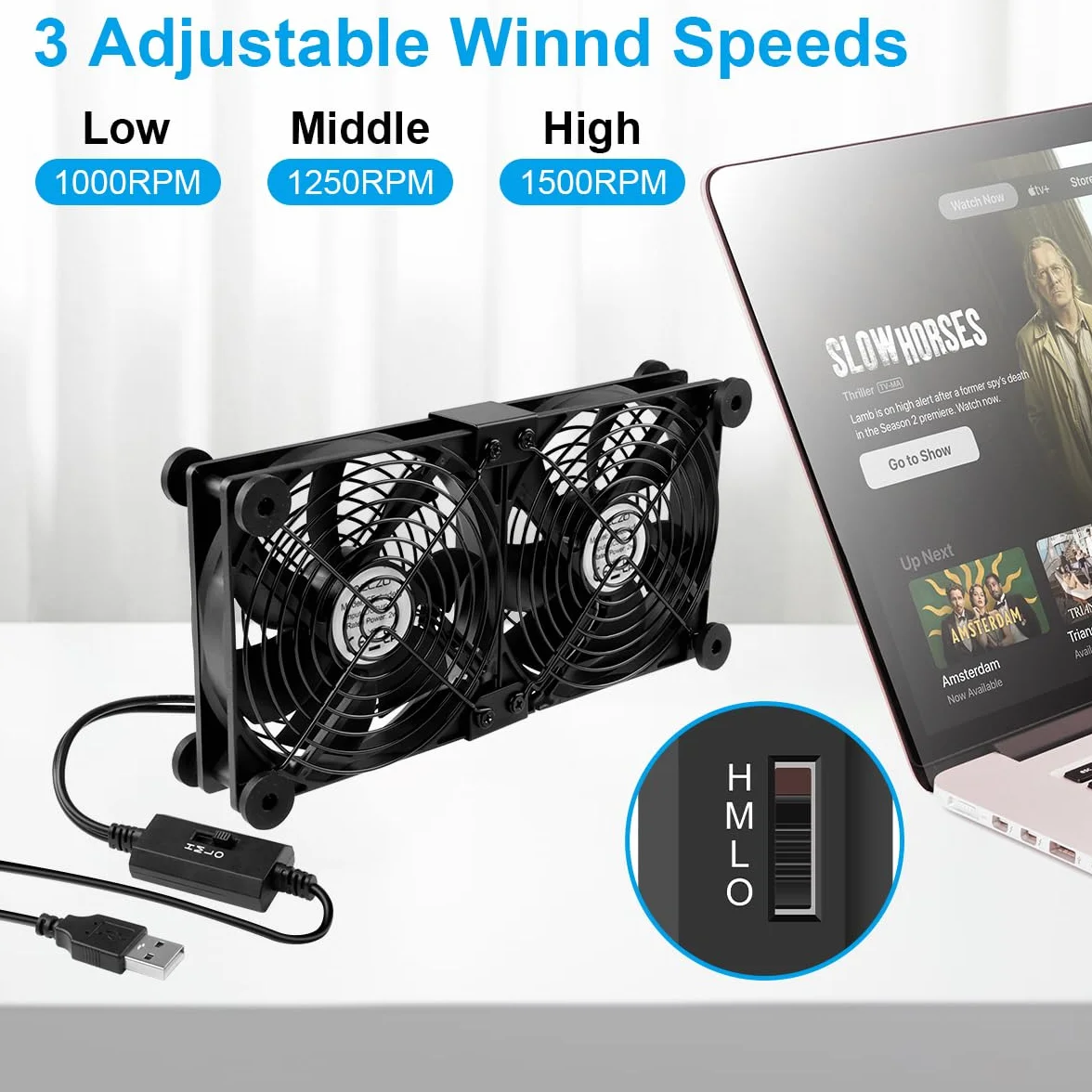 ELZO Wentylator USB 120 mm 2 w 1, przenośny wentylator komputerowy z 3 regulowanymi prędkościami