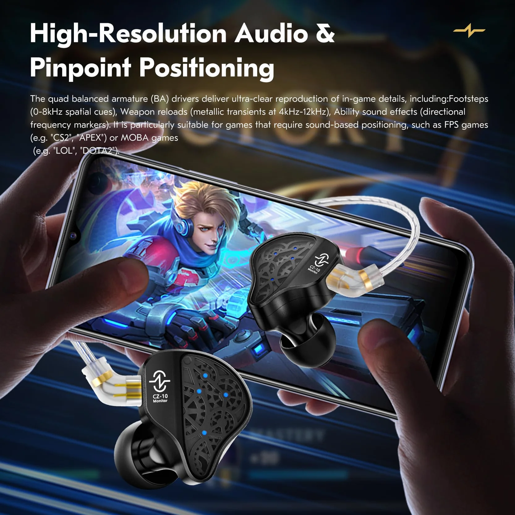 Yinyoo CCZ CZ10 IEMs Gaming with Mic 4BA+1DD in Ear Monitor HiFi przewodowe słuchawki douszne z 10 mm podwójnym magnesem PET Dynamic Driver Gaming Earbuds z odłączanym kablem 2-pinowym
