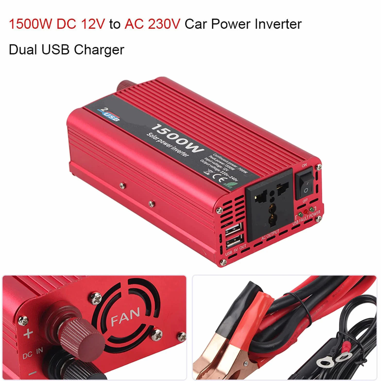 Pongnas Samochodowy 1500 W DC 12 V na AC 230 V z Podwójnym Adapterem USB — Idealny do Laptopów i Gadżetów