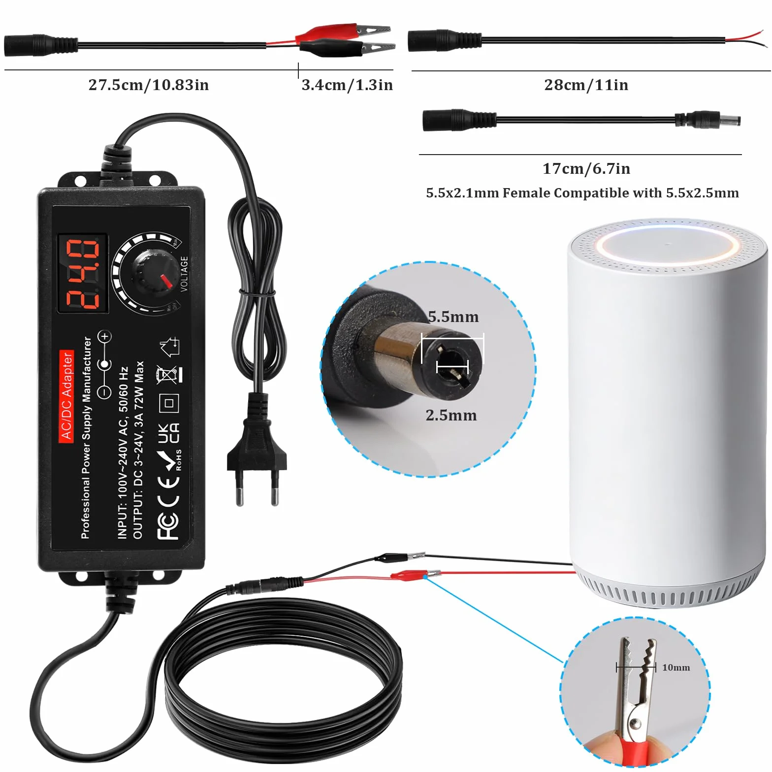 Uniwersalny zasilacz 3 V-24 V, regulowany zasilacz 100 V-240 V AC do DC ze wskaźnikiem napięcia LED 3 A 72 W, regulowany adapter sieciowy 5,5 x 2,5 mm, 16 końcówek, regulowany adapter sieciowy