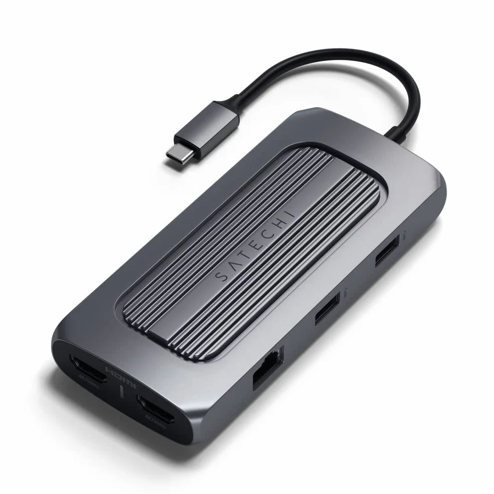 SATECHI hub USB-C MX 9 w 1 z dwoma wyjściami HDMI | PD 100 W, USB-A/USB-C, Gigabit Ethernet, do MacBooka i komputerów z Windows, port USB-C do transmisji danych