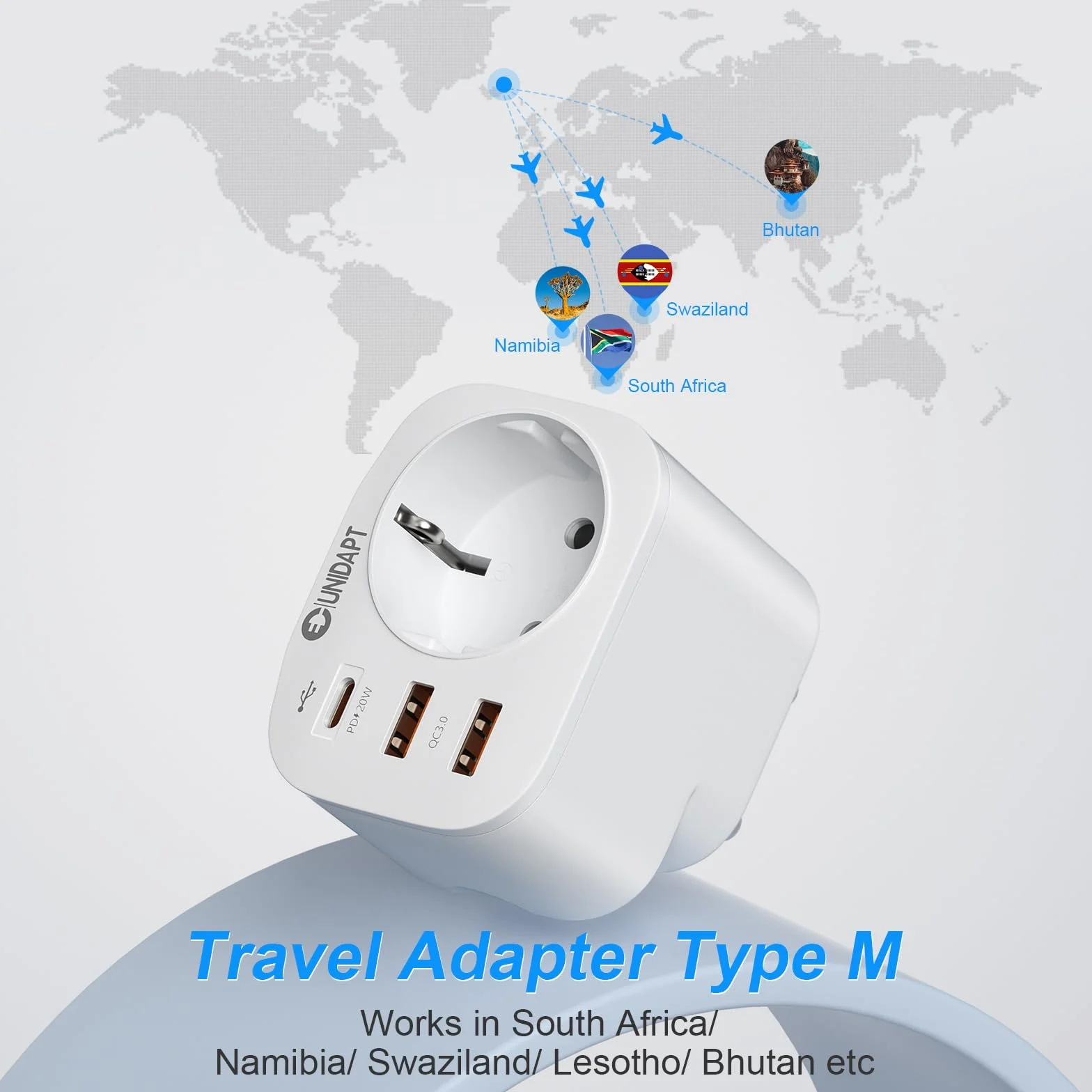 Unidapt Adapter Niemcy do RPA, adapter podróżny typ M z 3 USB i 1 USB C 20W PD, adapter do gniazdka dla RPA Namibia, Lesotho, Mozambik